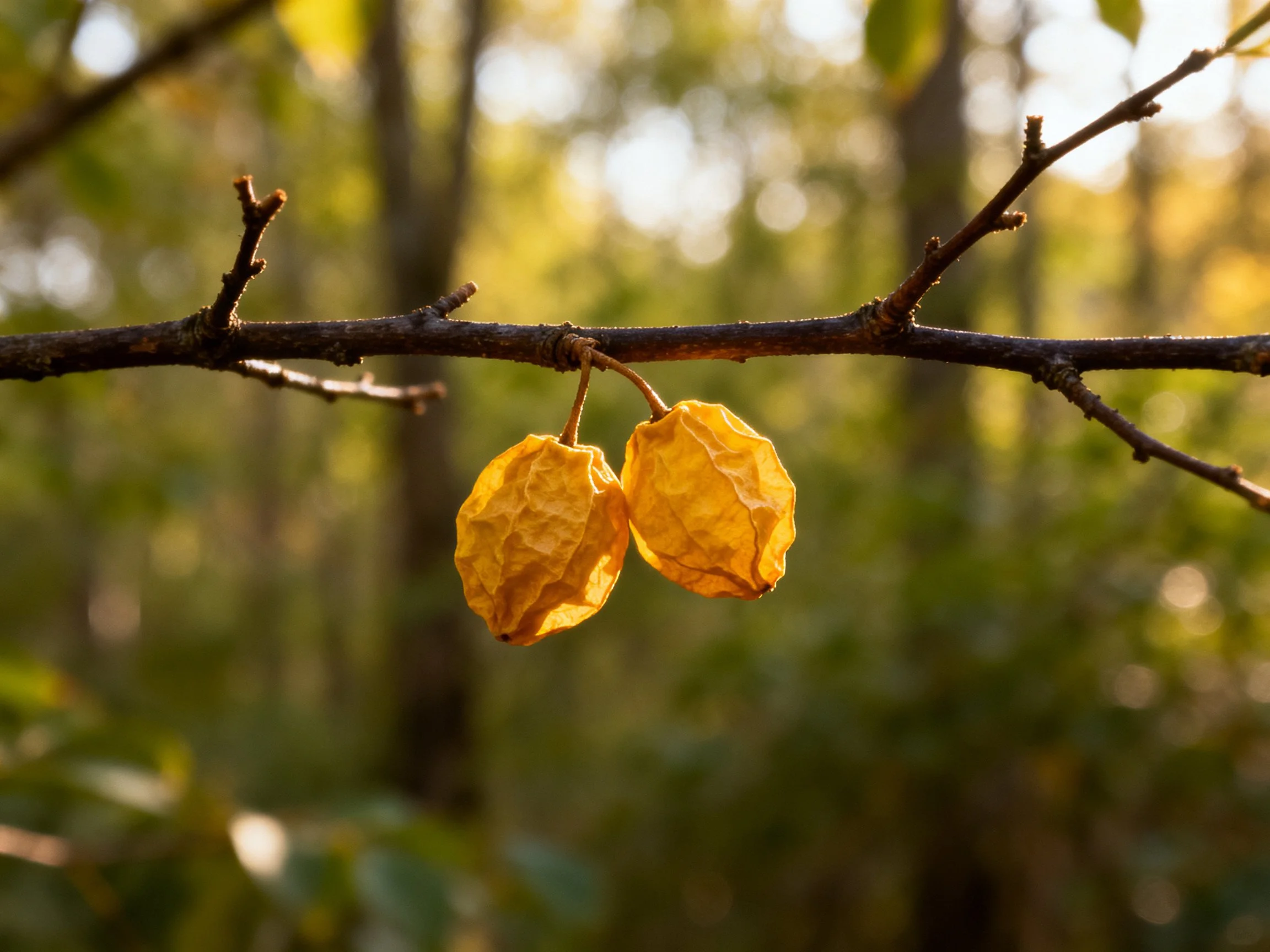 Two golden-hued dried fruits hang from a dark tree branch