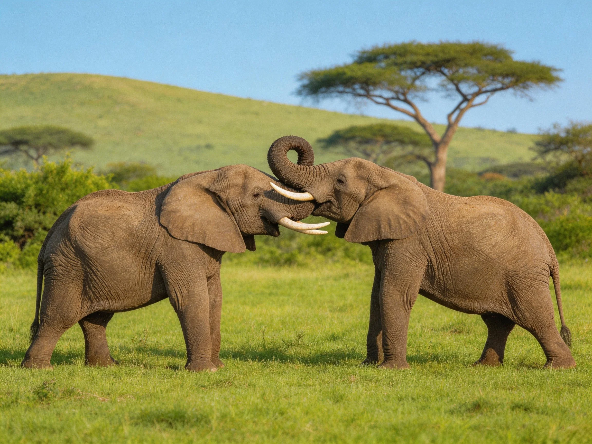 Two gray elephants interact in a lush savannah with acacia trees