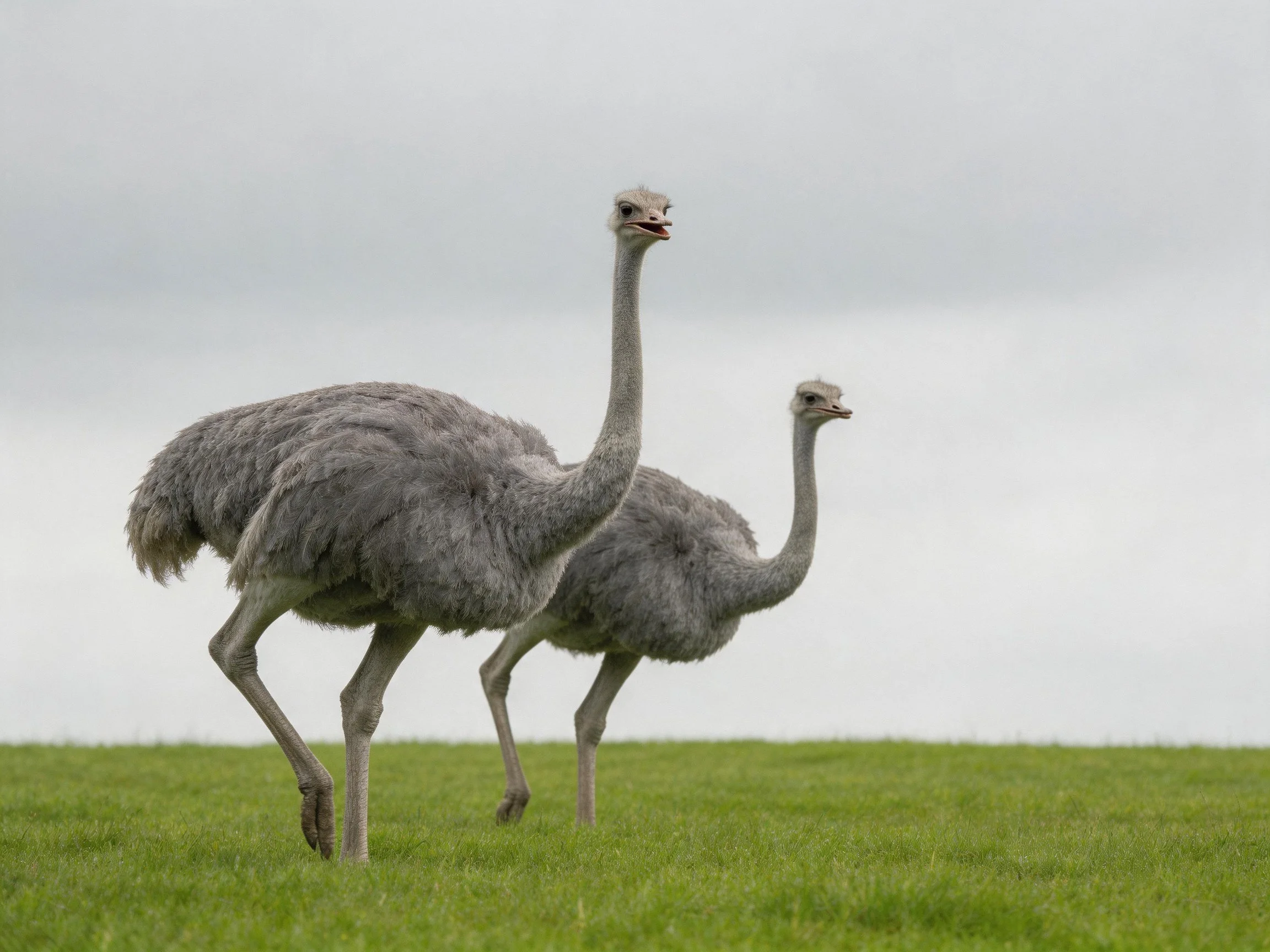 Two gray-feathered ostriches walk on lush green grass under a cloudy sky