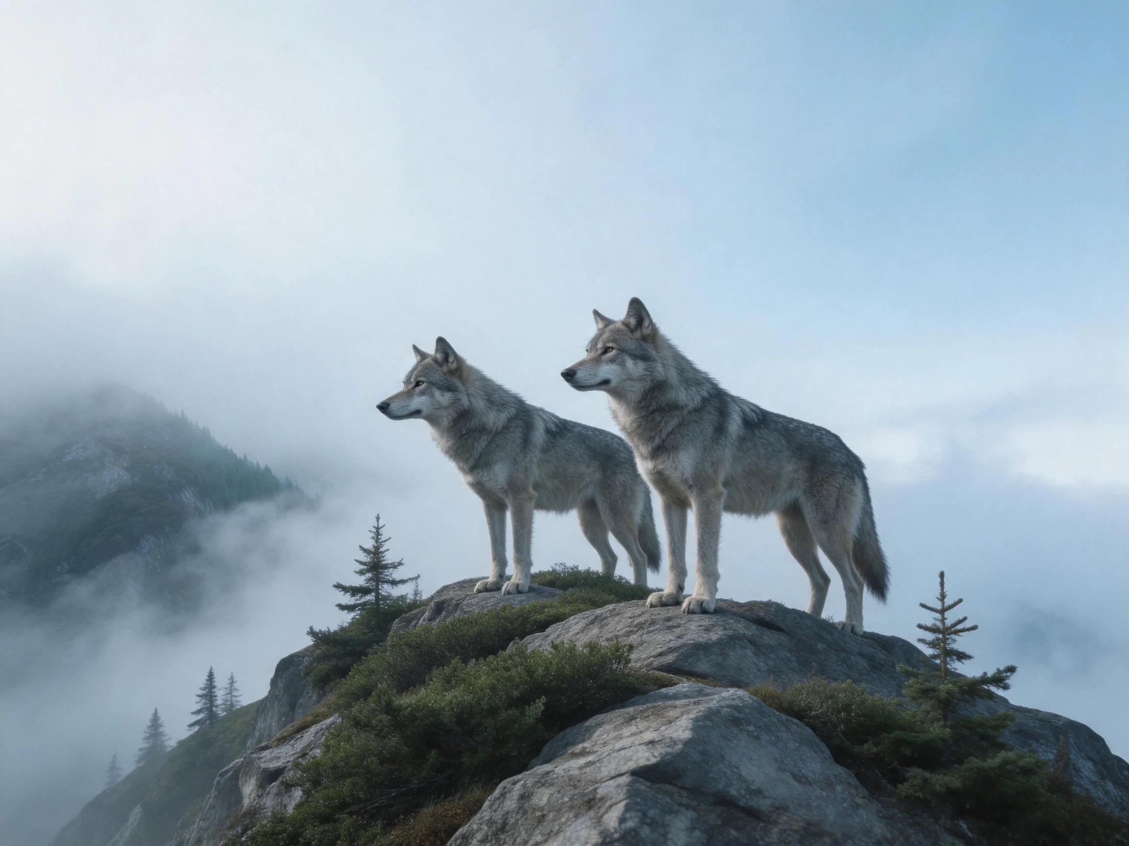 Two gray wolves stand on a mist-covered rocky peak with pine trees