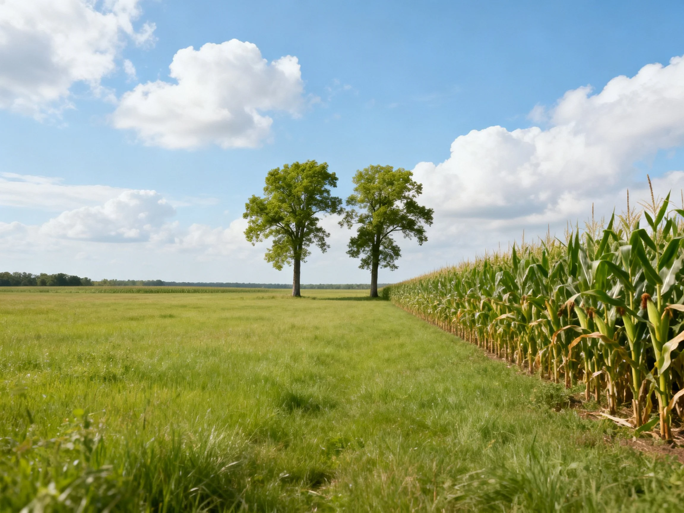 Two green trees beside a tall cornfield under blue sky with white clouds