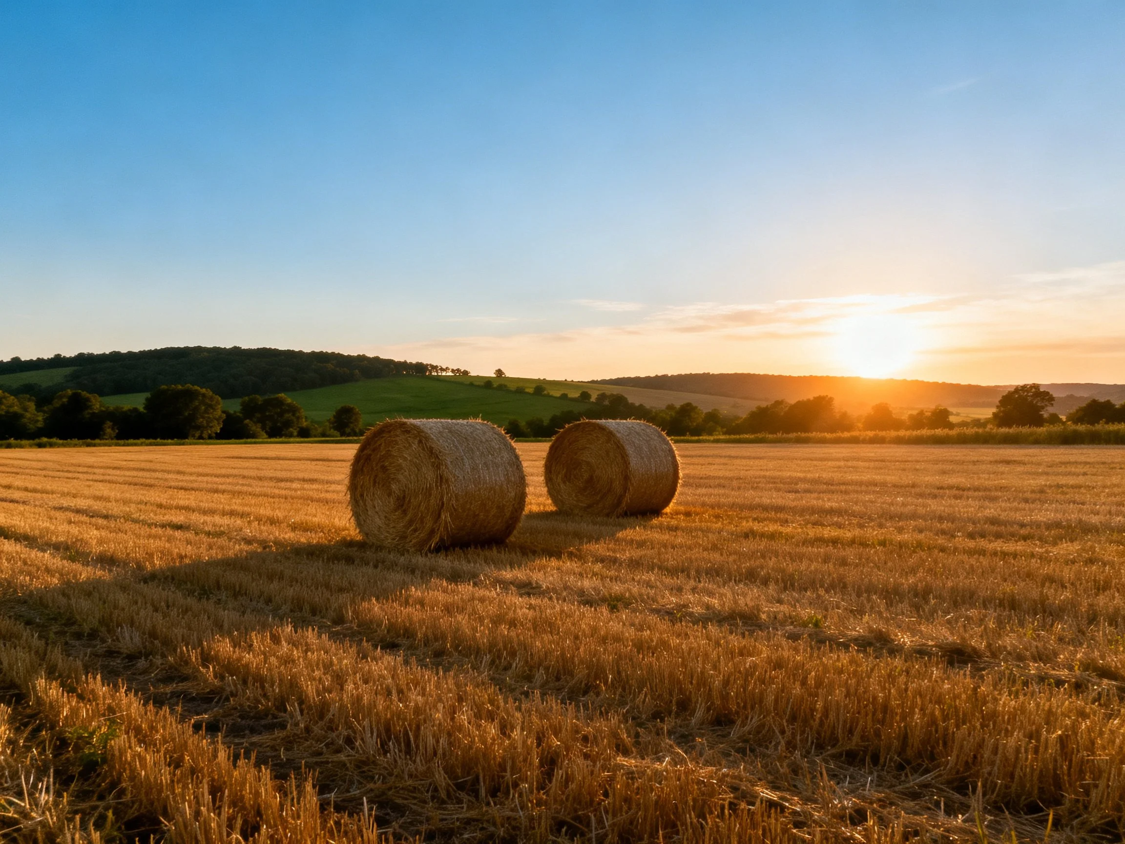 Two hay bales rest in a golden field at sunset