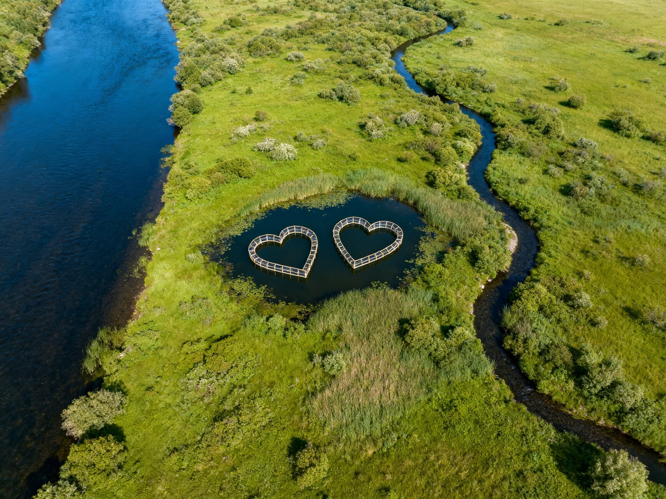 Two heart - shaped walkways in a lush wetland landscape