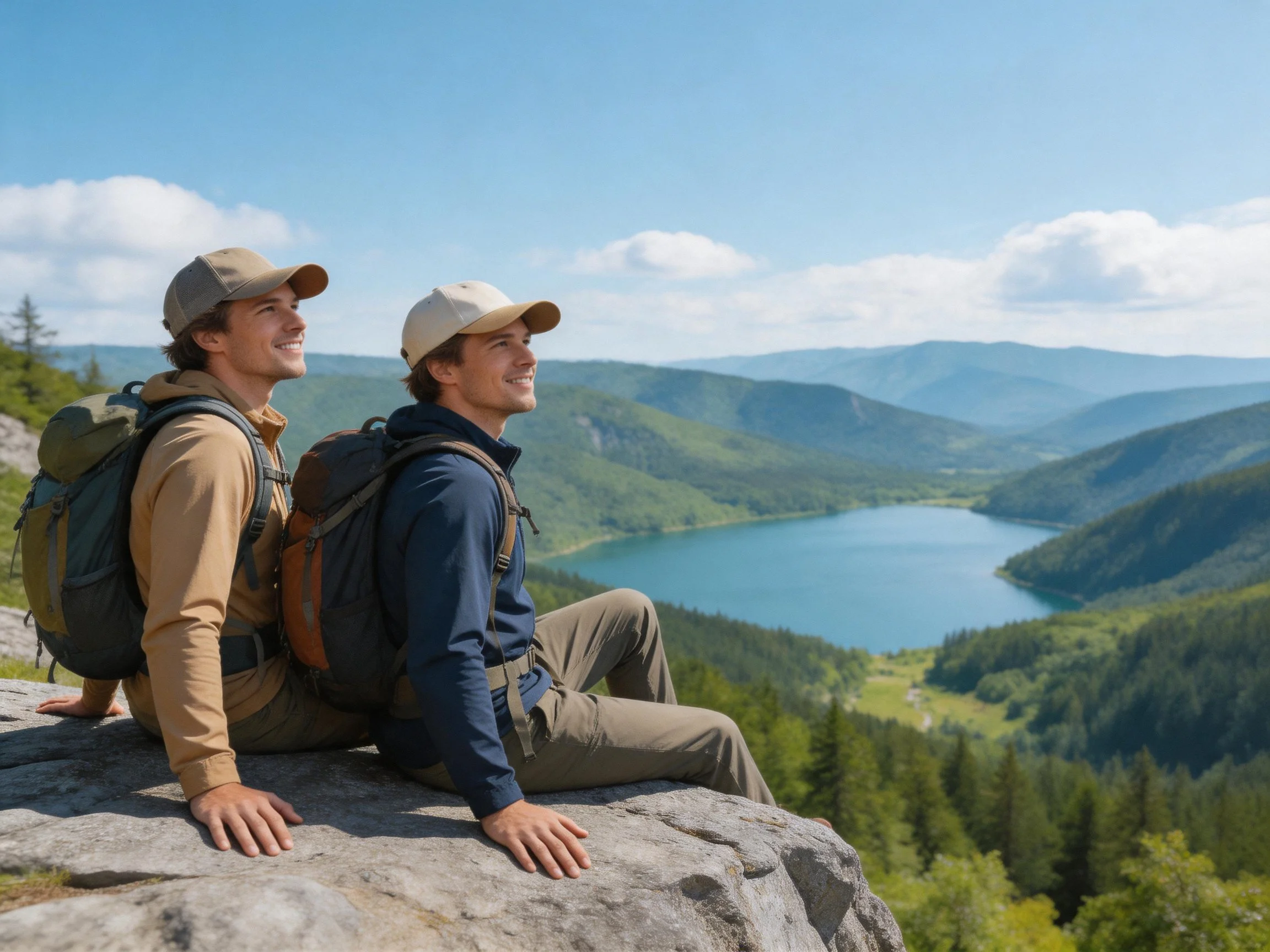 Two hikers rest on a rocky outcrop overlooking a serene mountain lake
