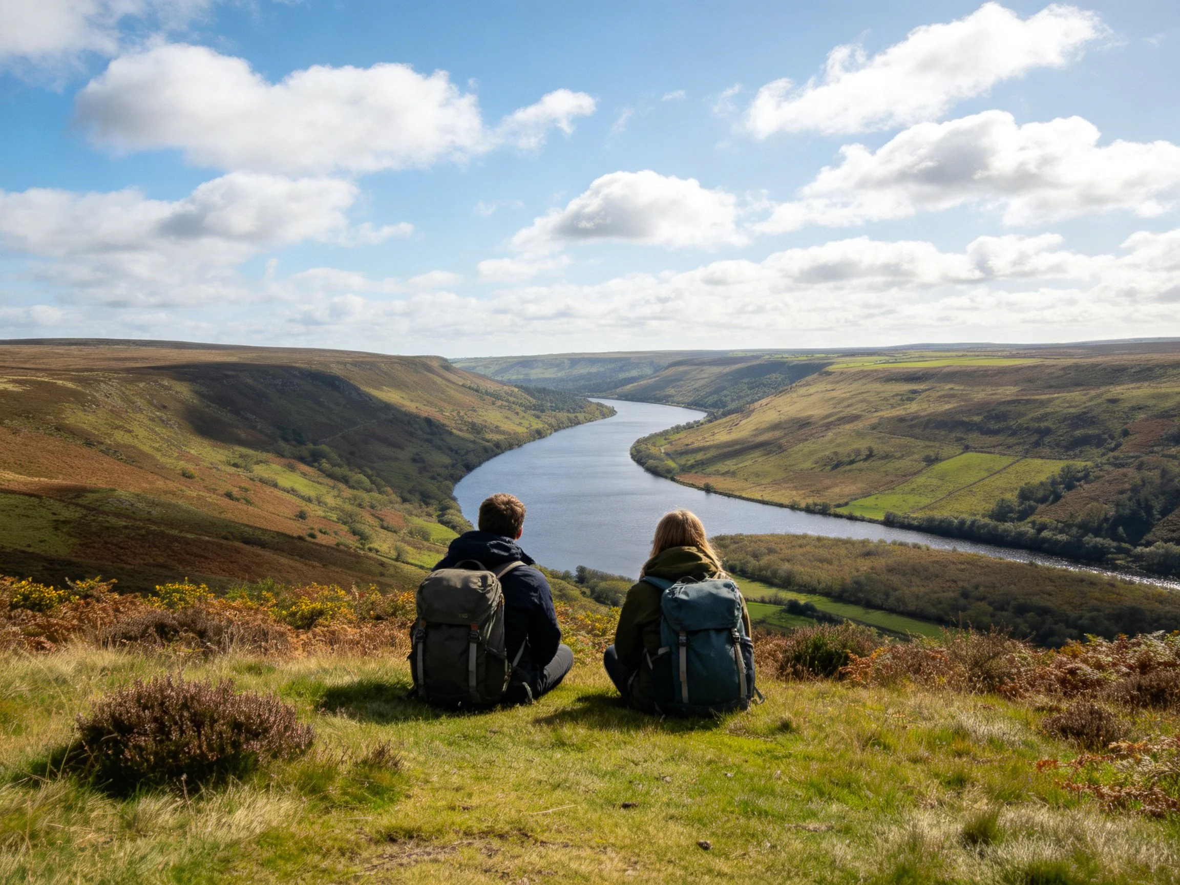 Two hikers sit on a grassy hill overlooking a winding river valley
