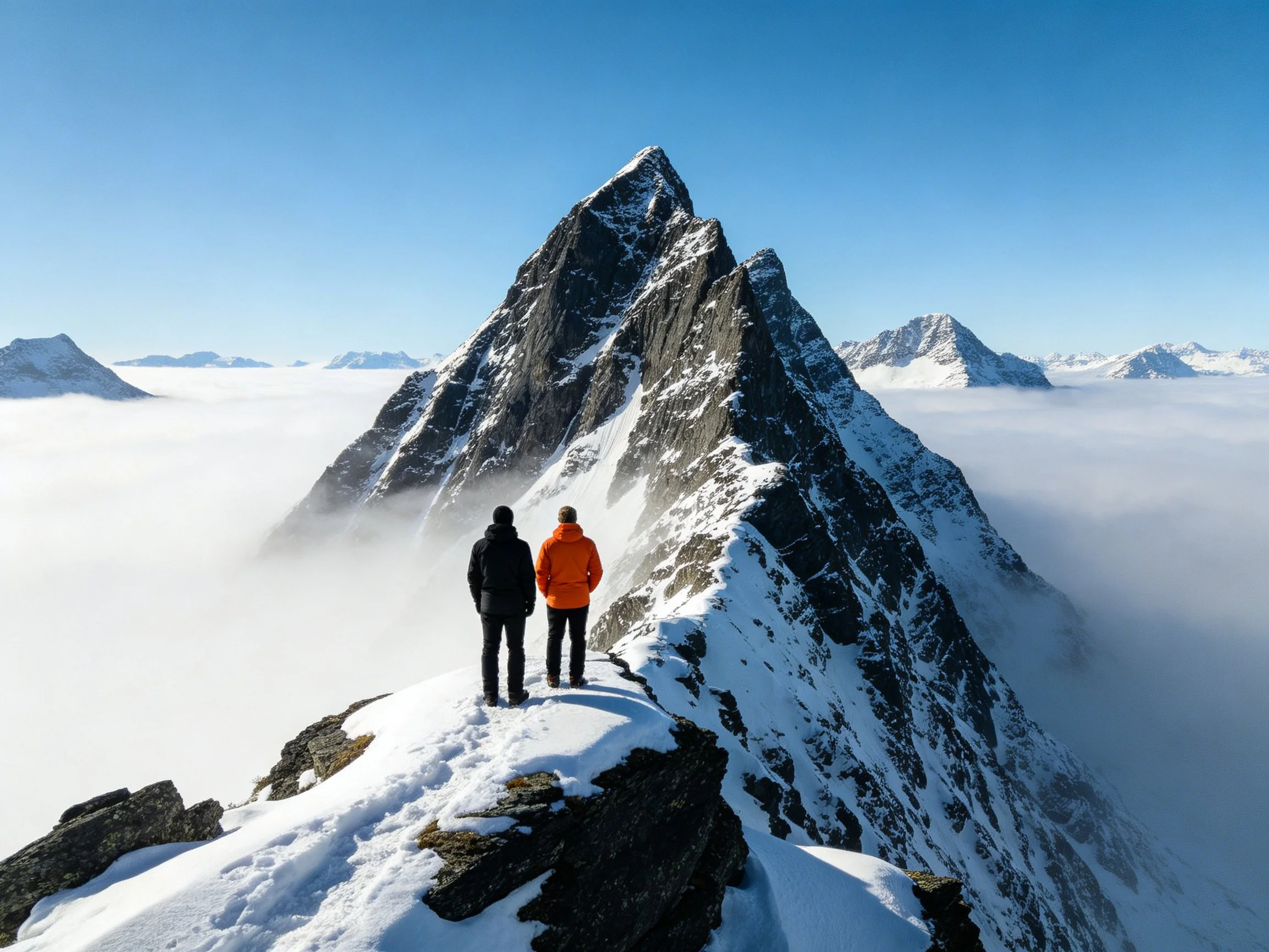 Two hikers stand atop a snow-capped mountain peak surrounded by clouds