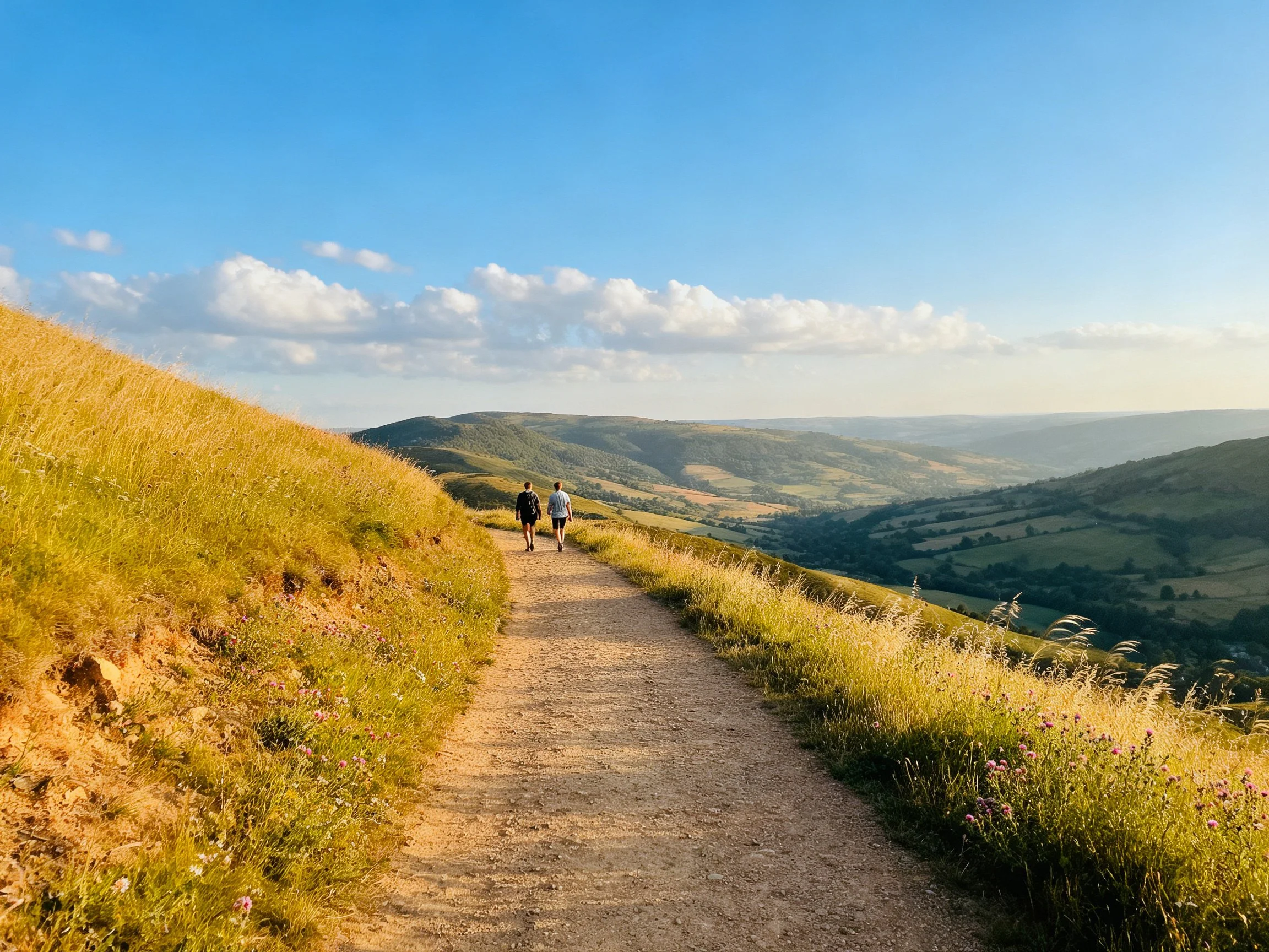 Two hikers walk along a golden hillside dirt path under bright blue sky