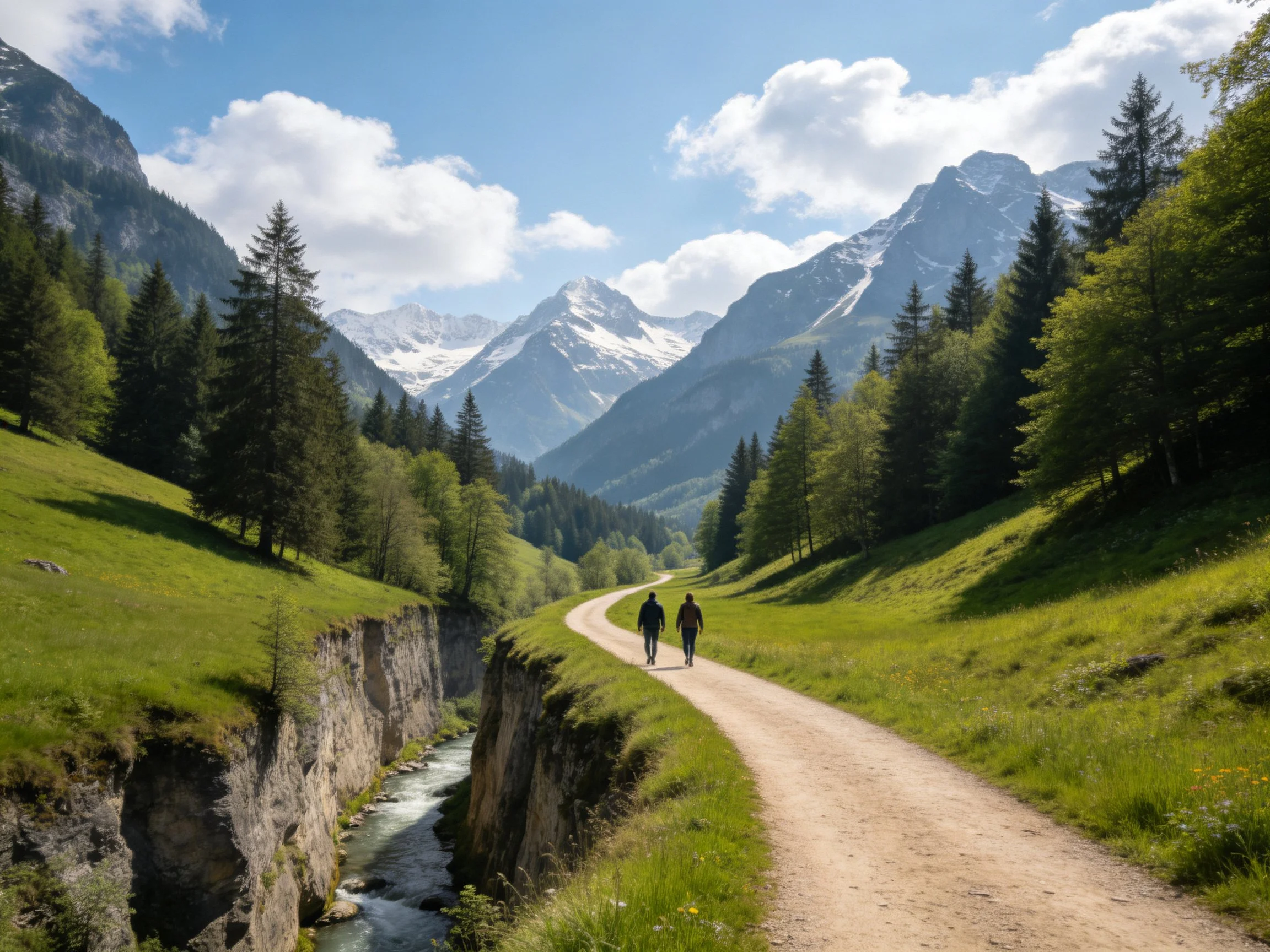 Two hikers walk along a winding dirt path near a mountain stream