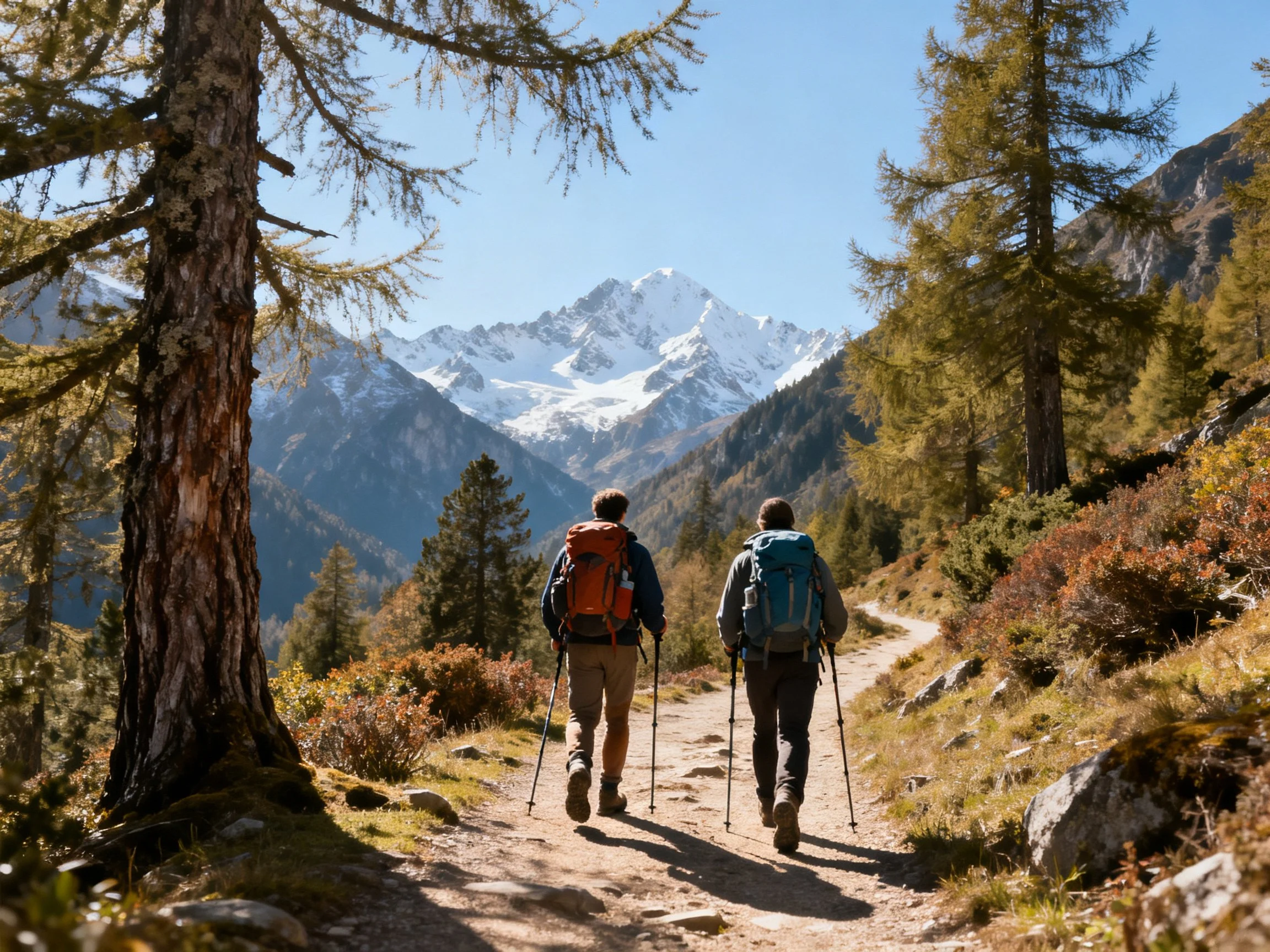 Two hikers with colorful backpacks hike a forest trail toward snow -apped mountains