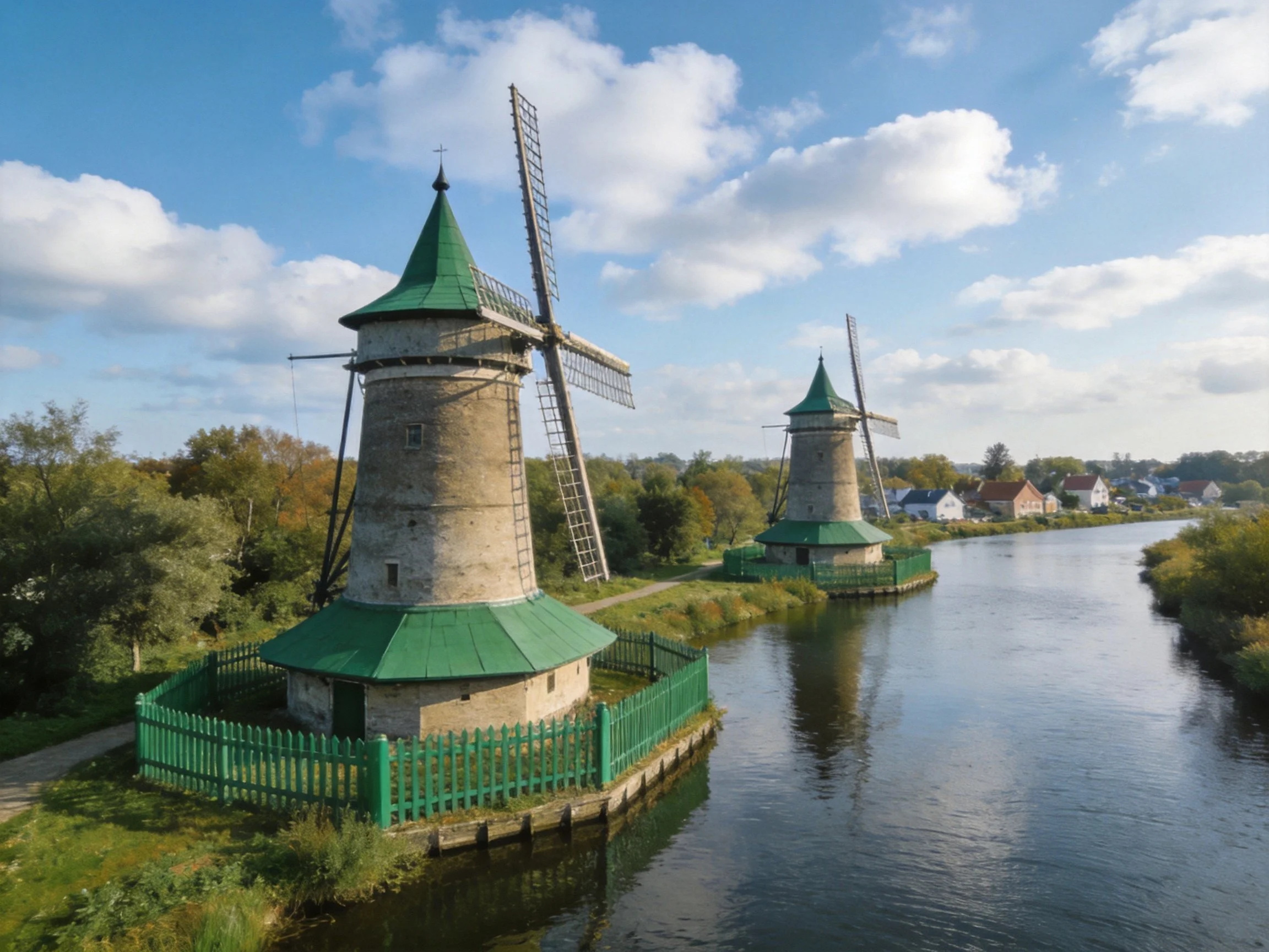 Two historic stone windmills with green roofs near a calm river