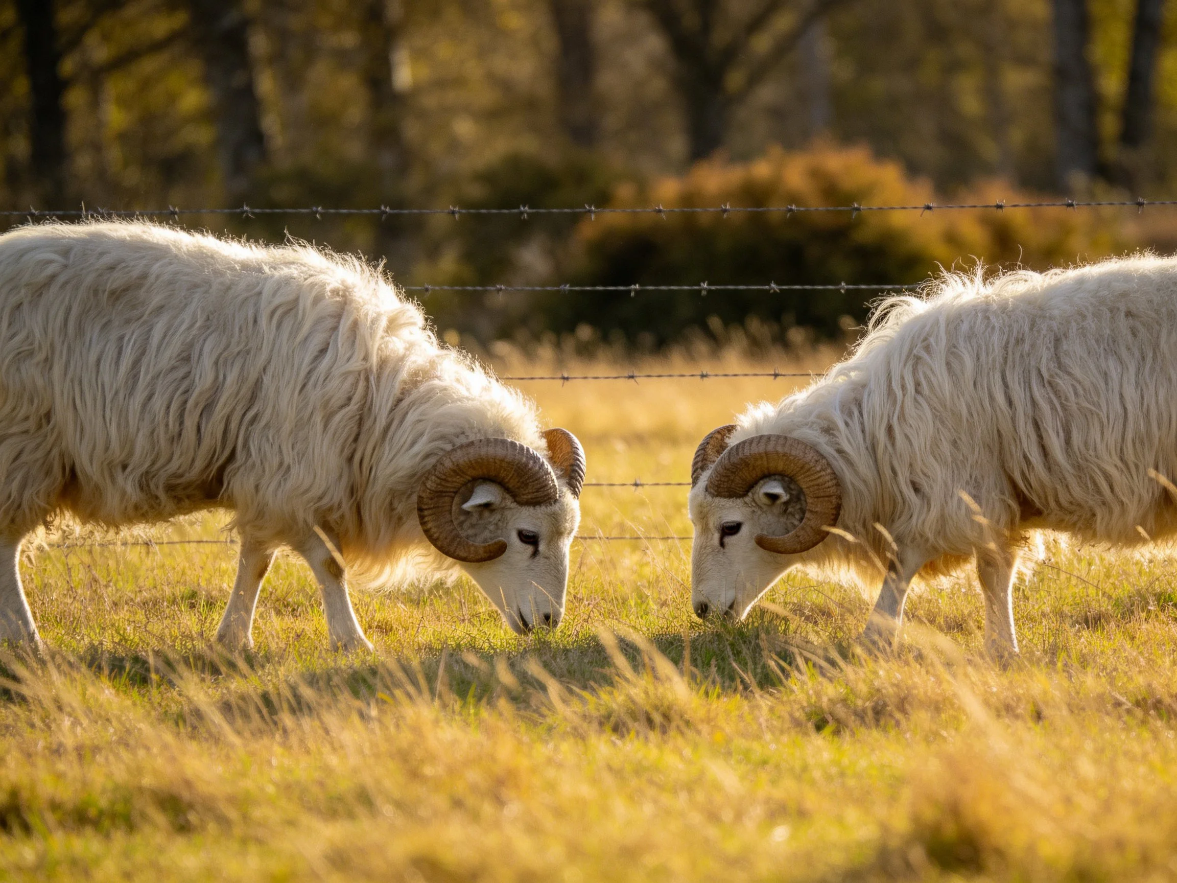 Two horned sheep graze in a golden meadow near a barbed wire fence