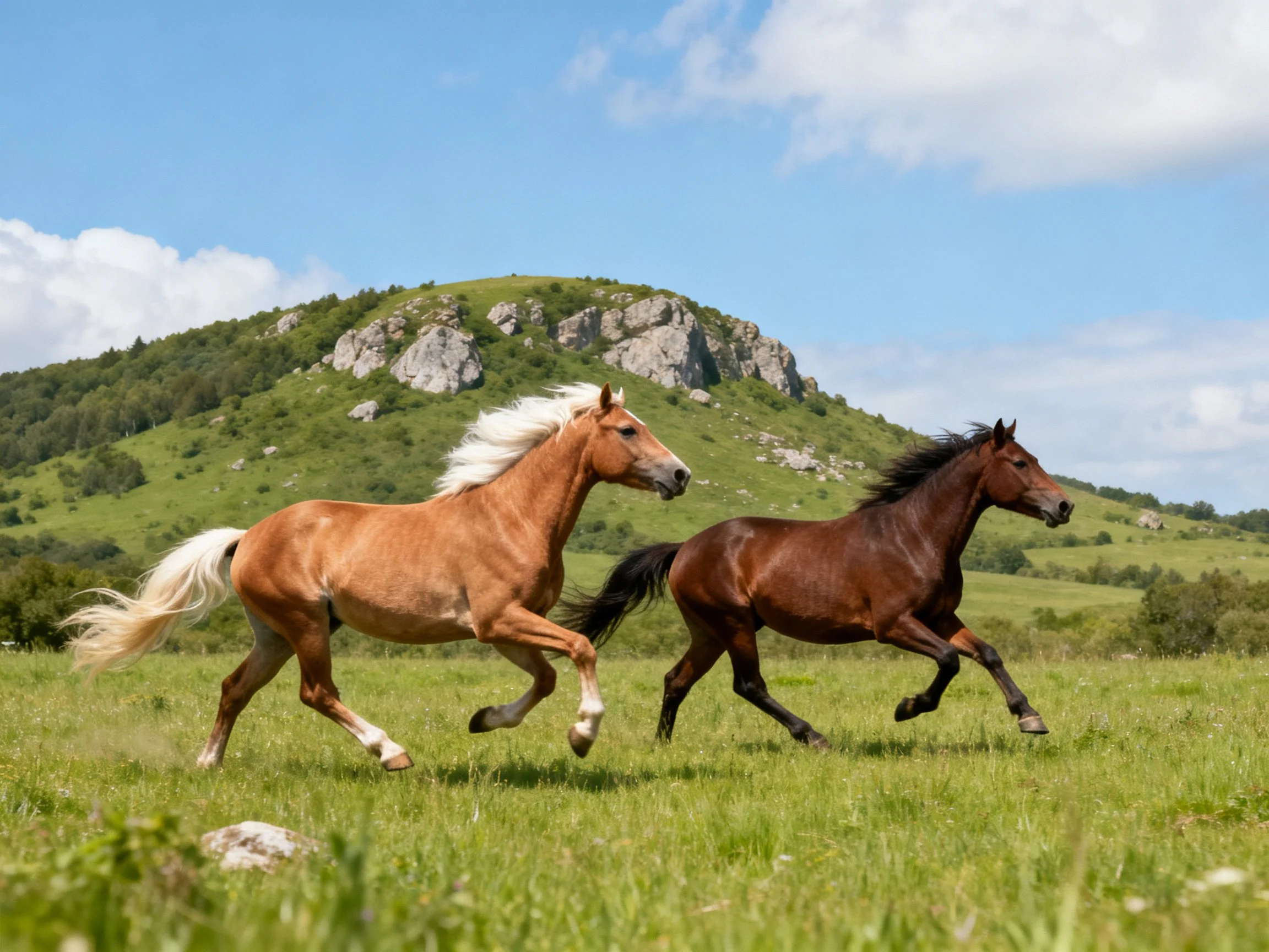 Two horses gallop through a lush meadow near rocky hills