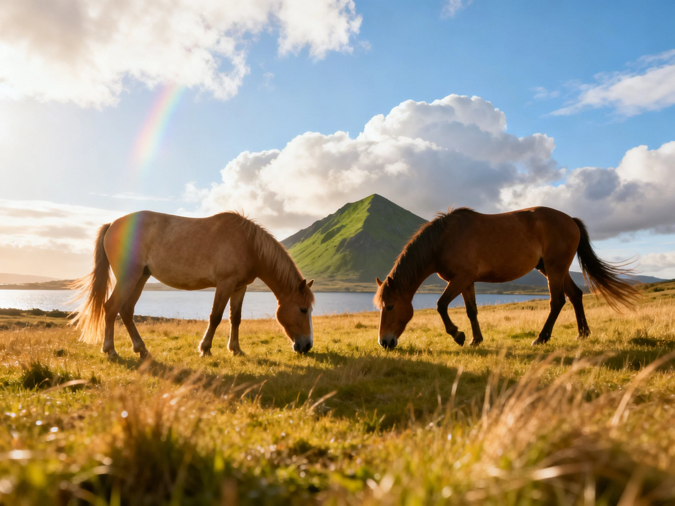 Two horses graze near a green mountain with a rainbow