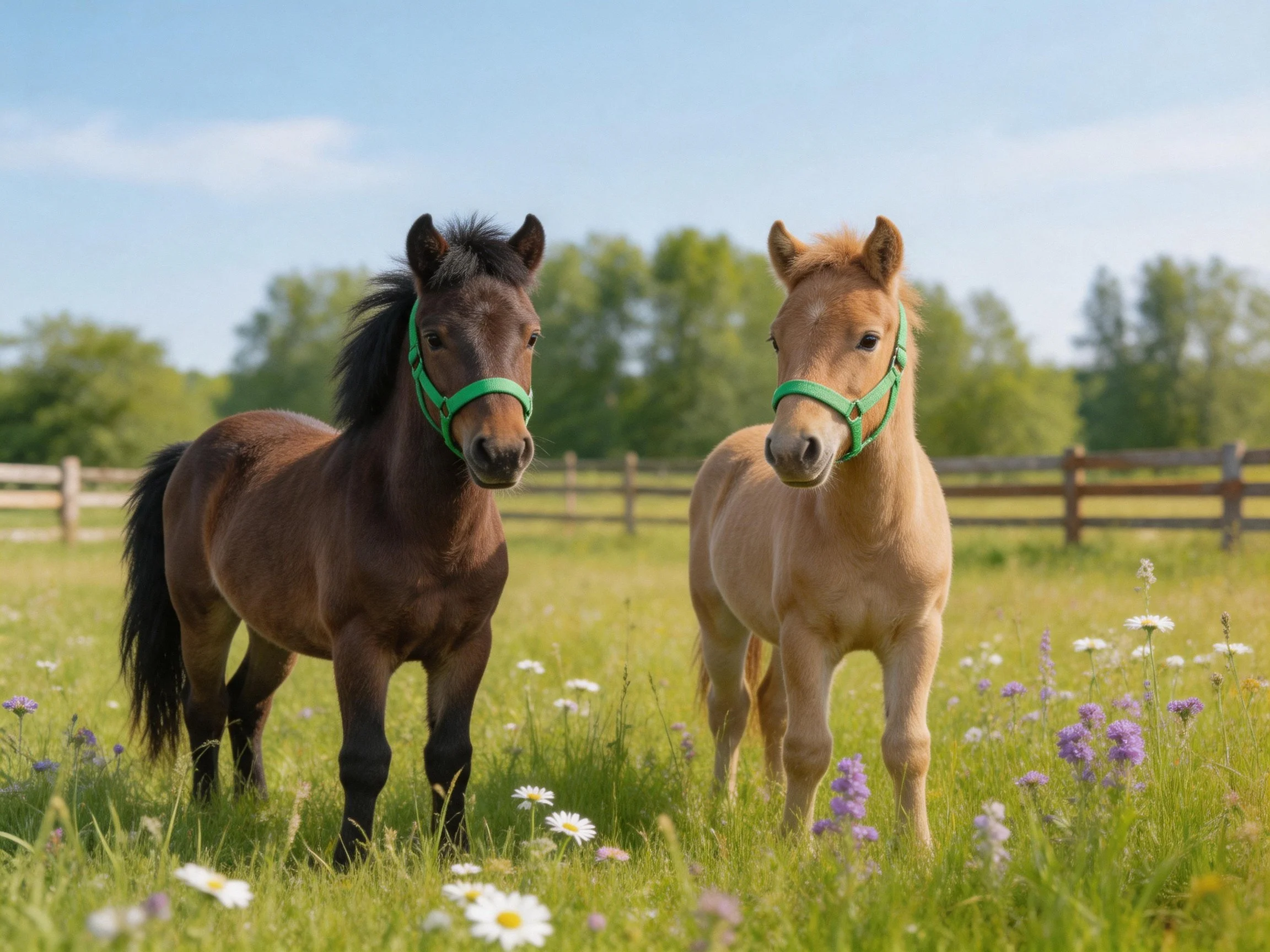 Two horses, one dark brown, one tan, stand in a flower-filled meadow.