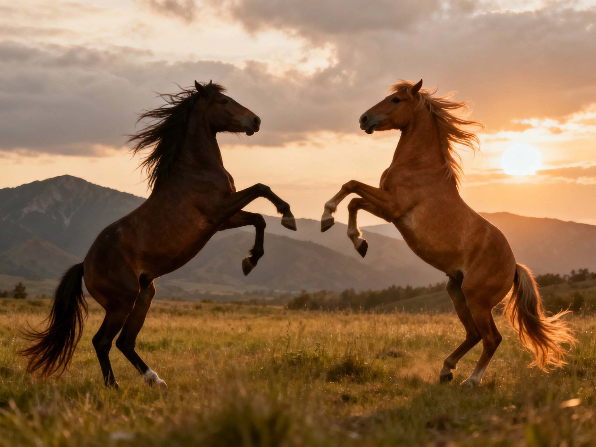 Two horses rearing in a golden sunset meadow near mountains