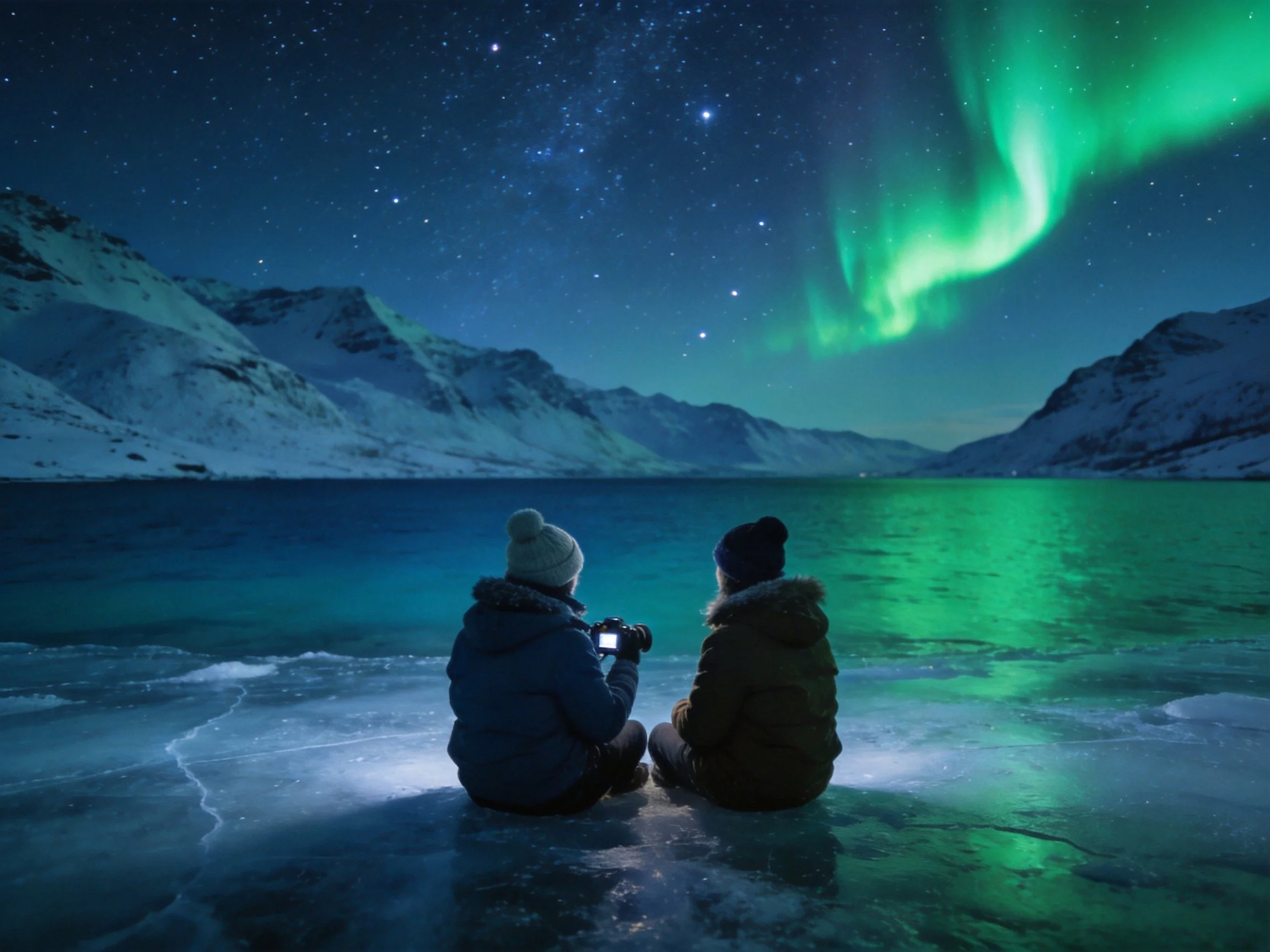 Two individuals photographing aurora over icy lake with snow-capped mountains