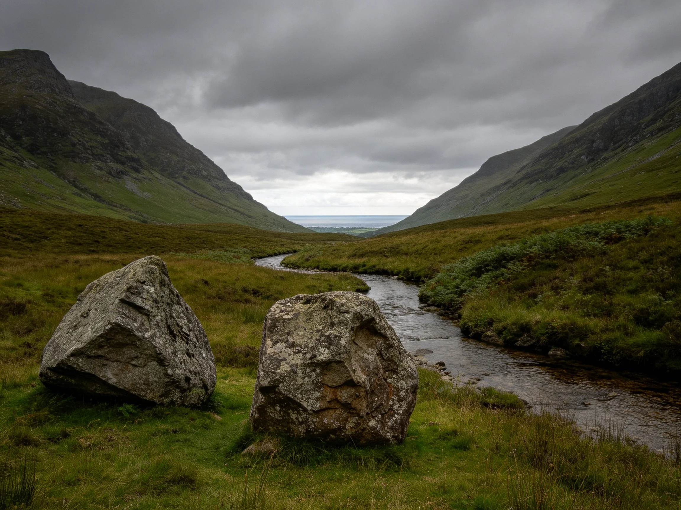 Two large boulders beside a winding stream in a green mountain valley