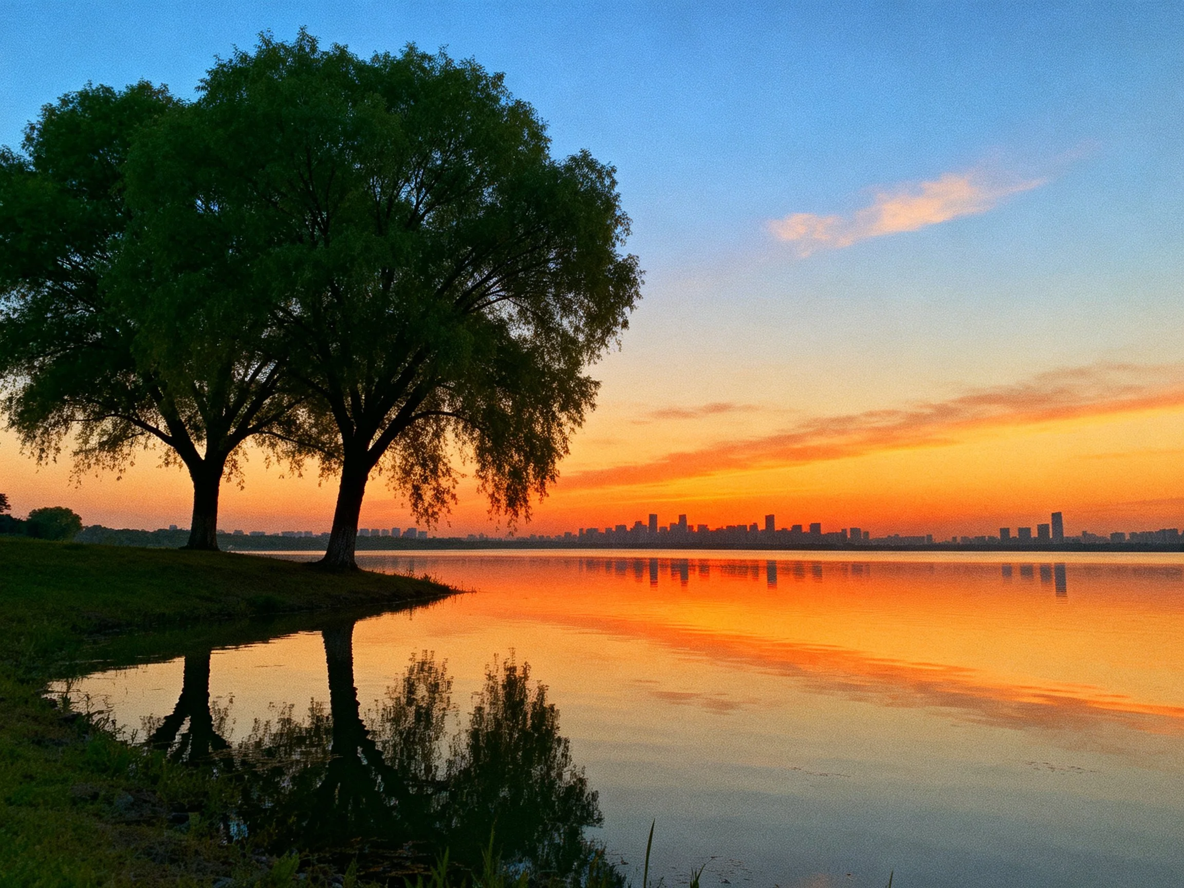 Two large green trees beside calm water reflecting sunset sky