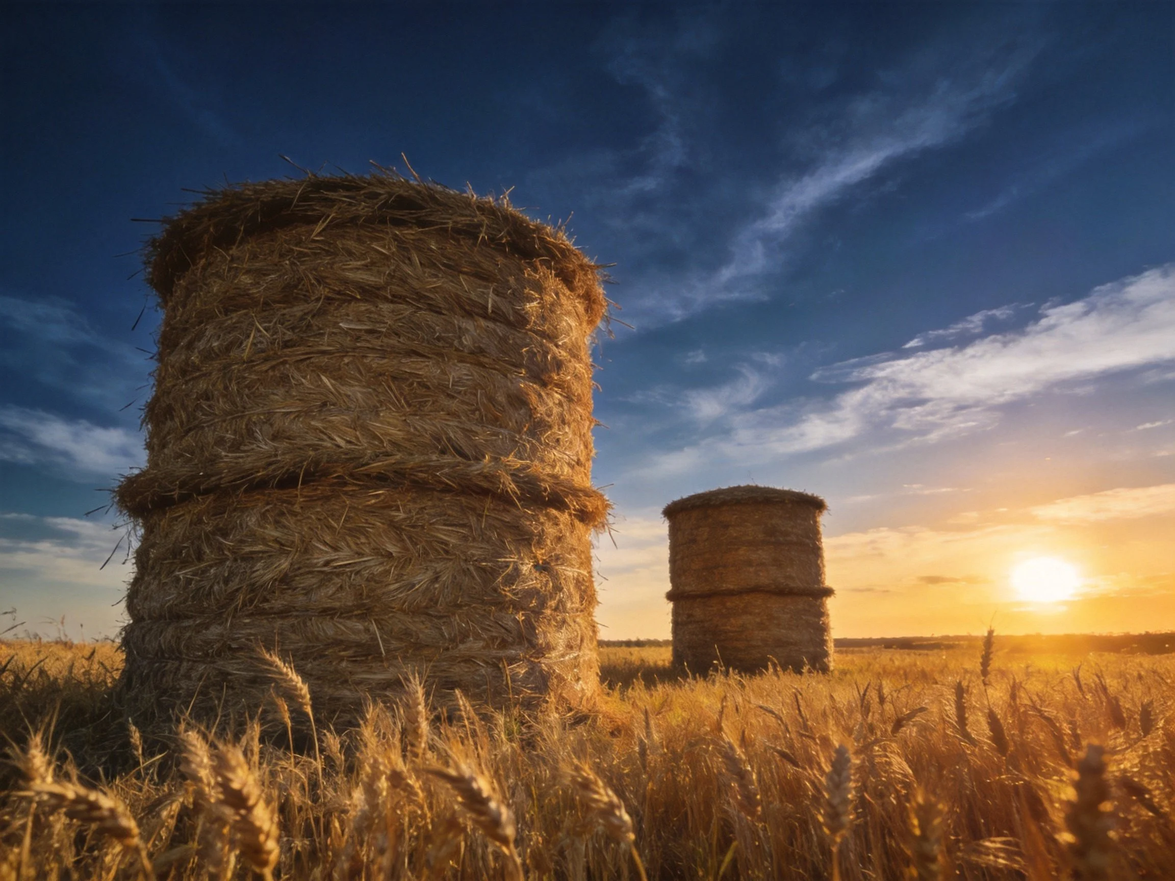 Two large hay bales in golden wheat field under vibrant sunset sky