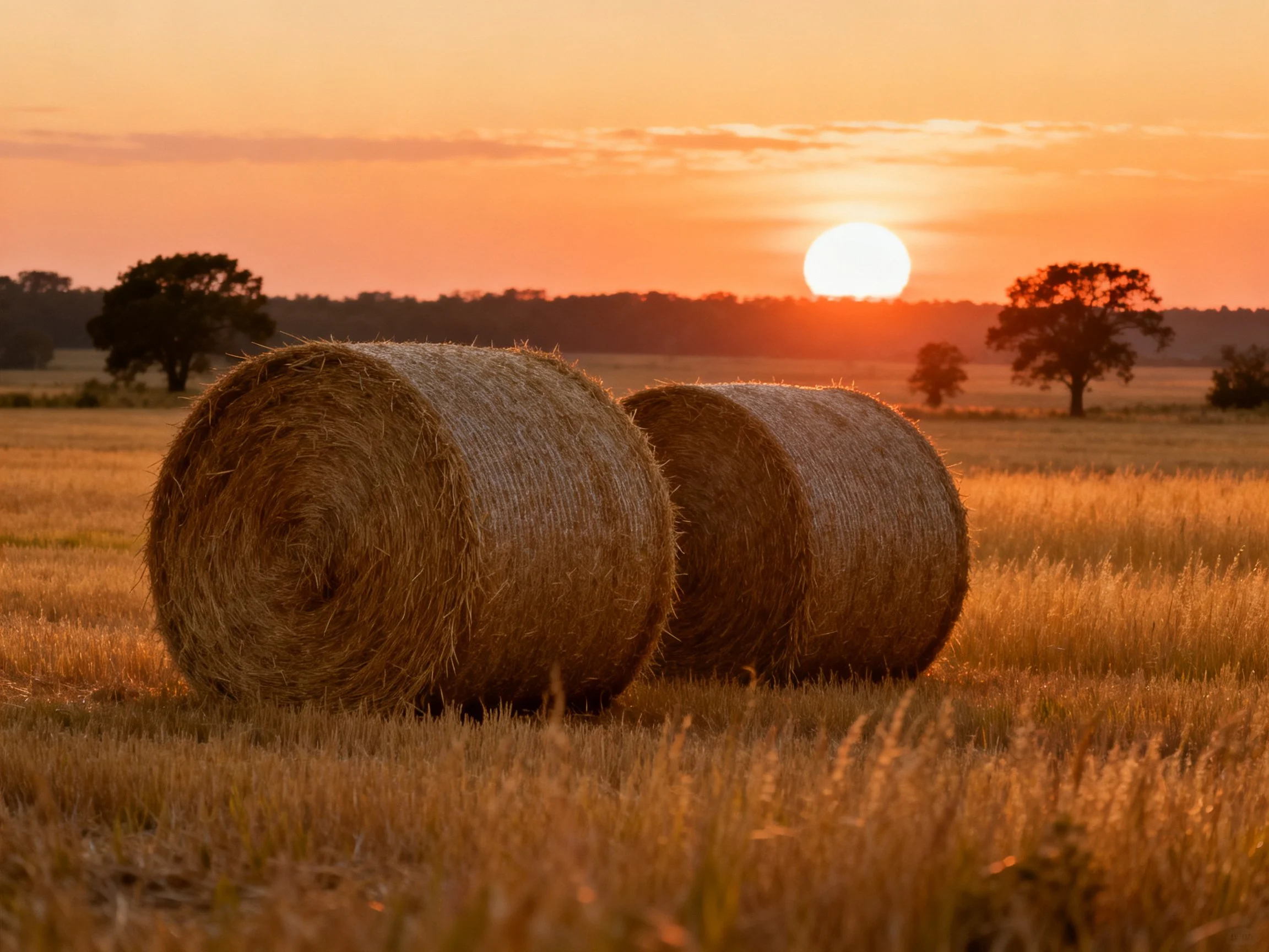 Two large hay bales rest in a golden field during sunset