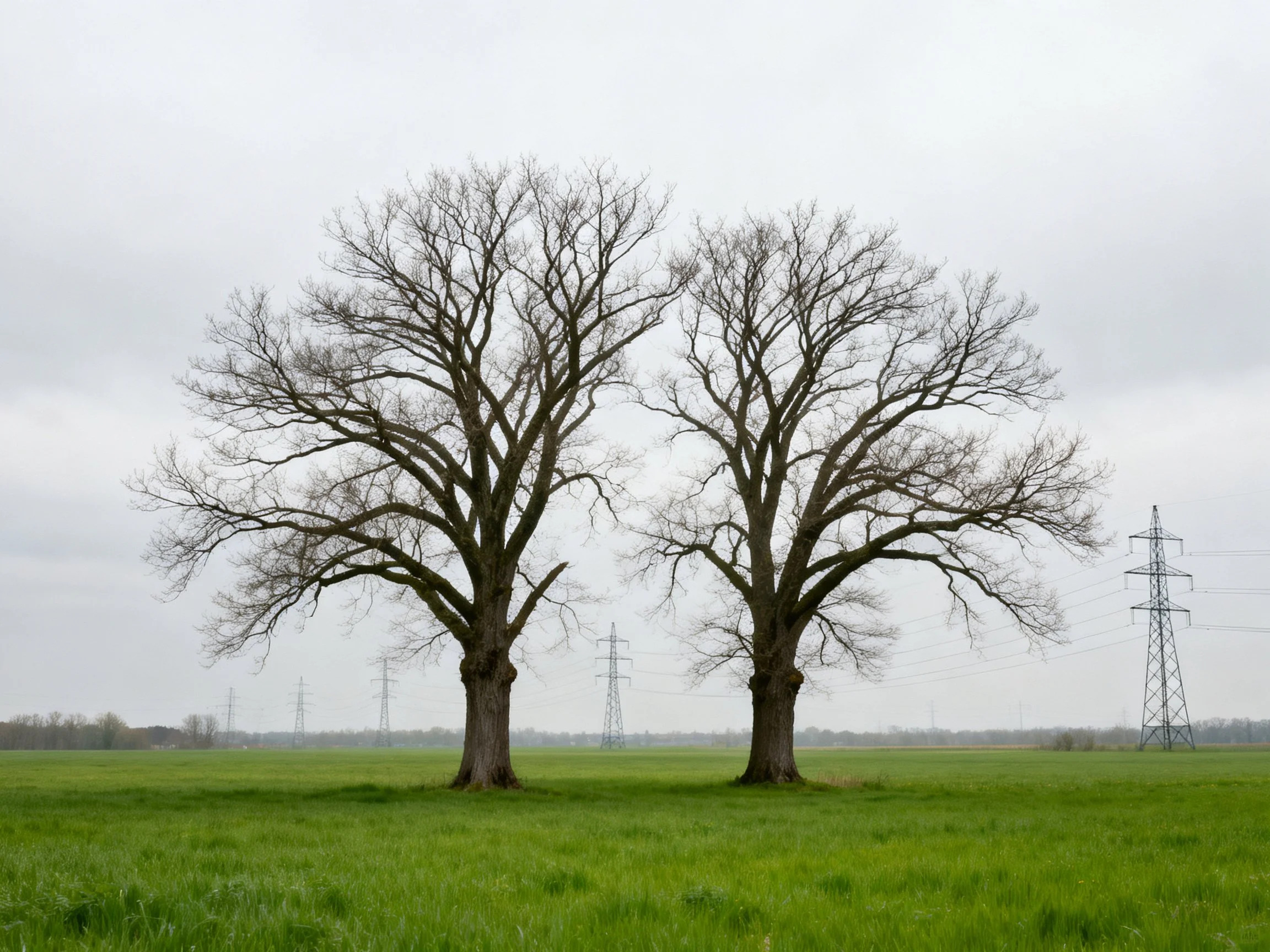 Two large leafless trees in a green field with distant power towers