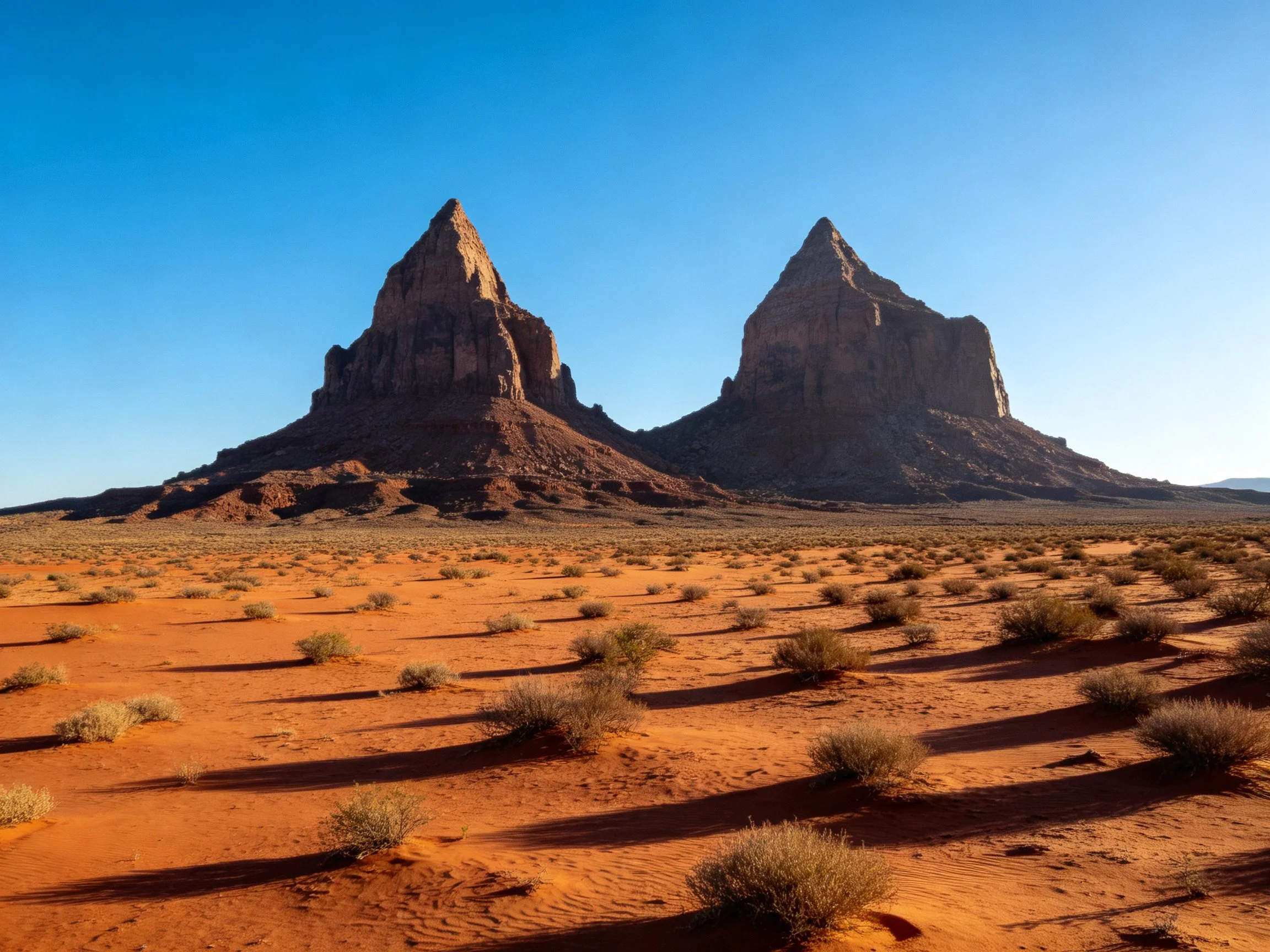Two large reddish-brown rock structures tower over orange sandy desert with sparse vegetation.