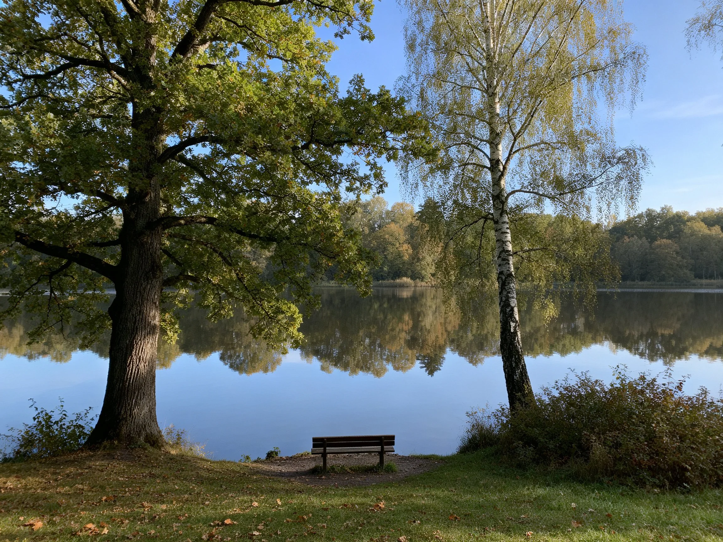 Two large trees beside a calm lake with a wooden bench