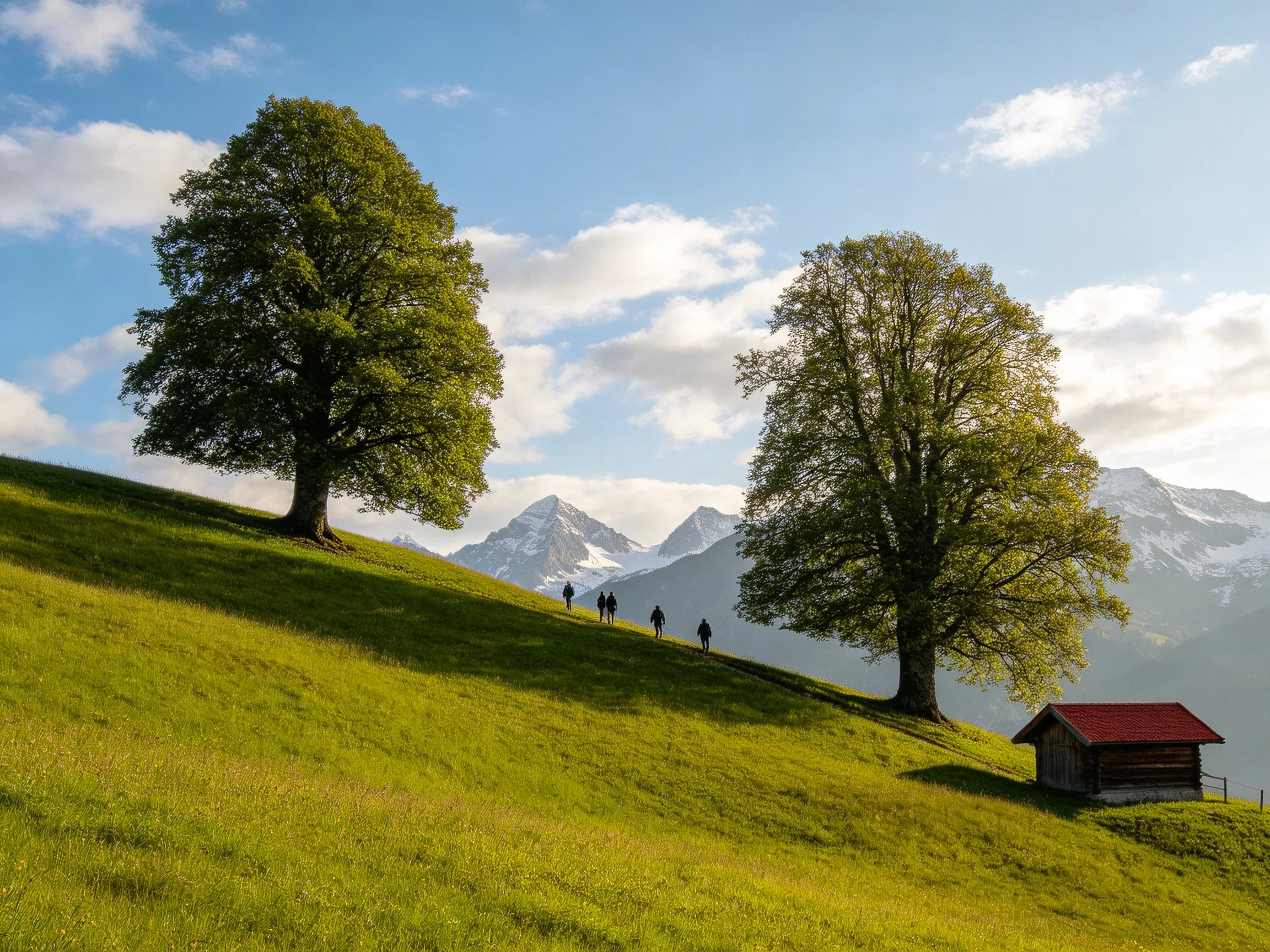 Two large trees on a green hillside with a red-roofed cabin and mountains.