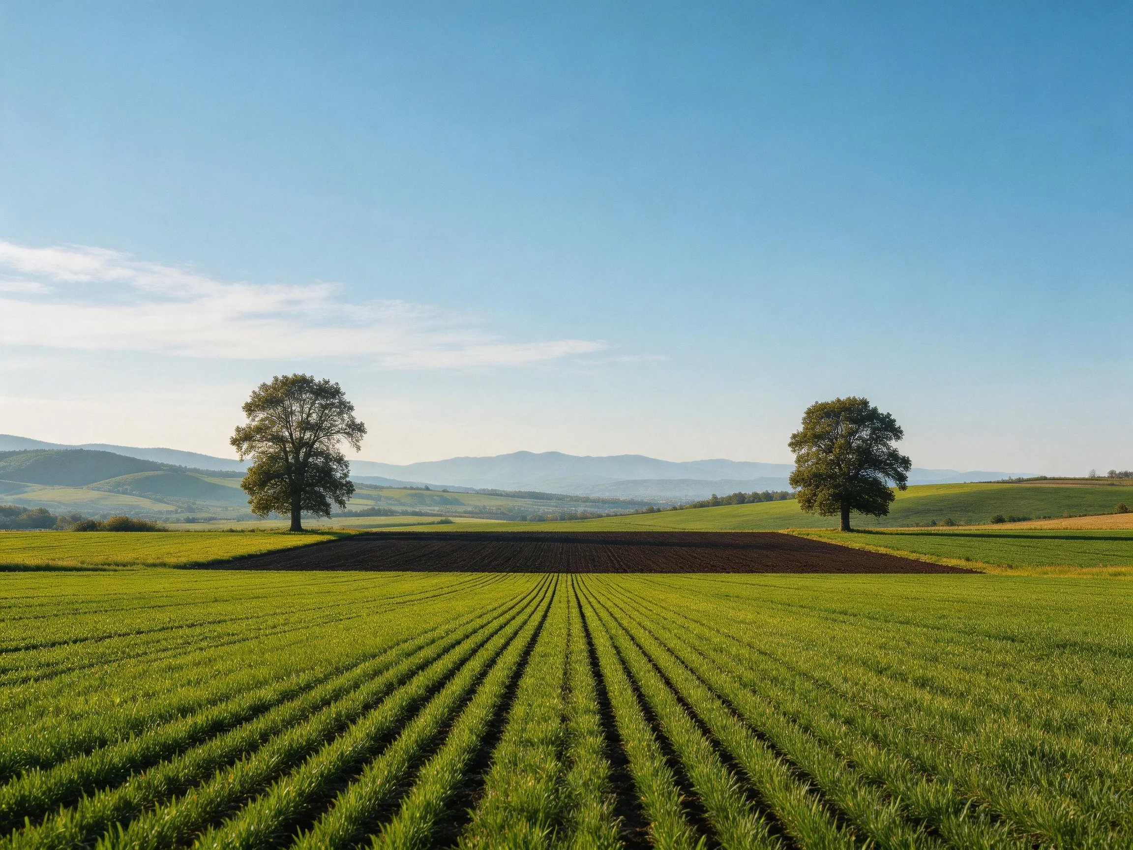 Two large trees stand amid vibrant green fields under clear blue skies