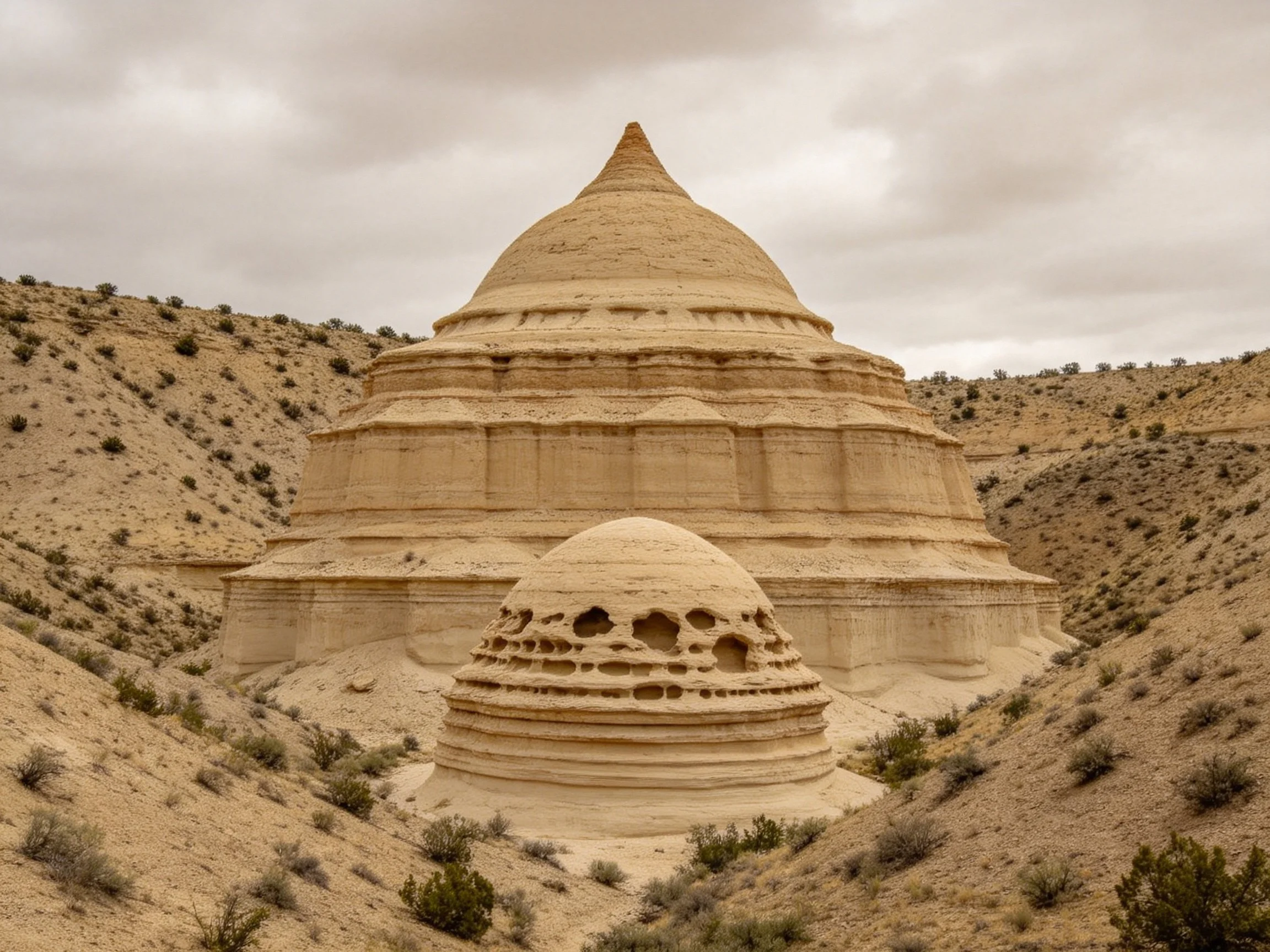Two layered sandstone formations in arid desert landscape