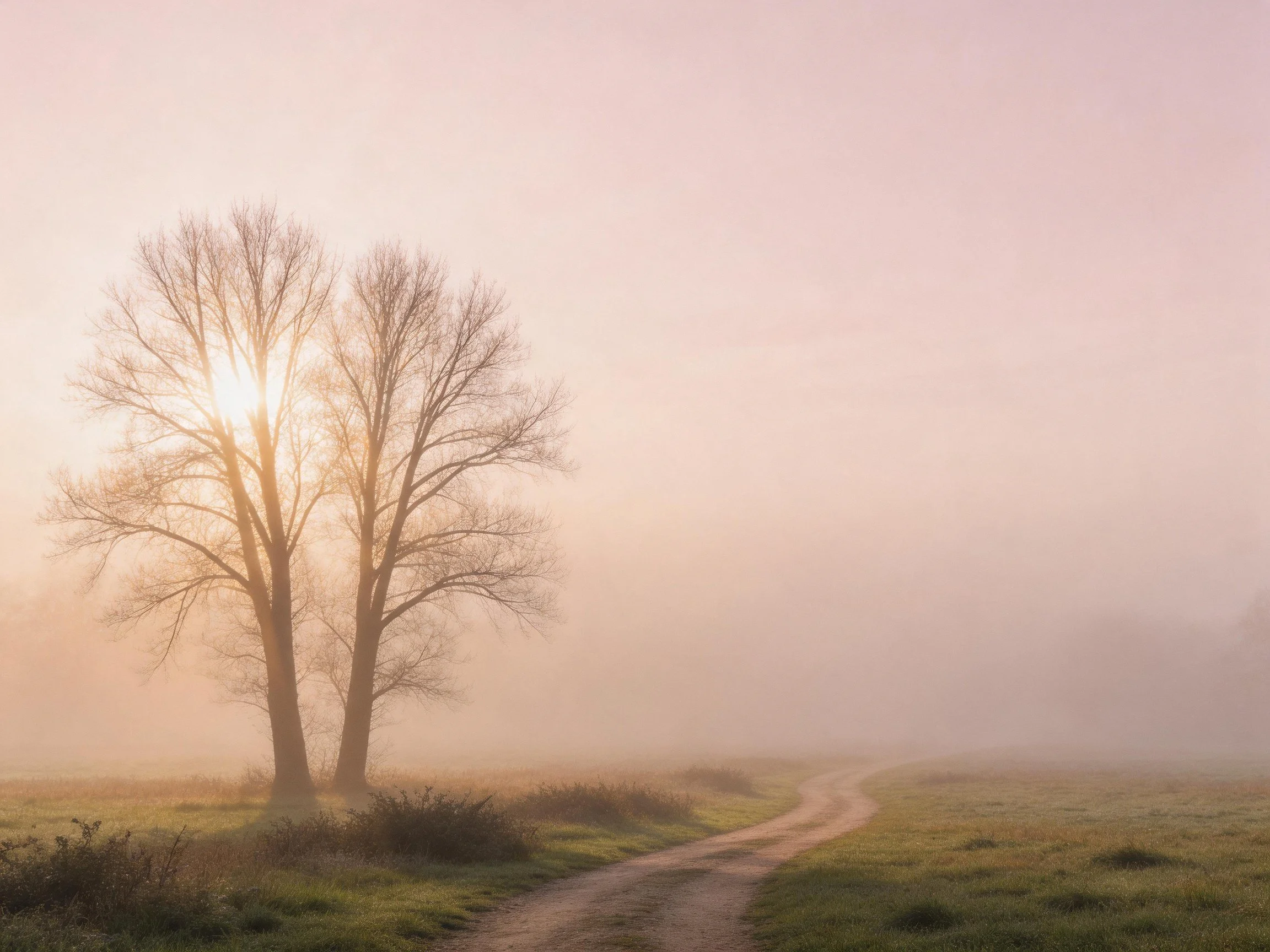 Two leafless trees near a winding dirt path in morning fog