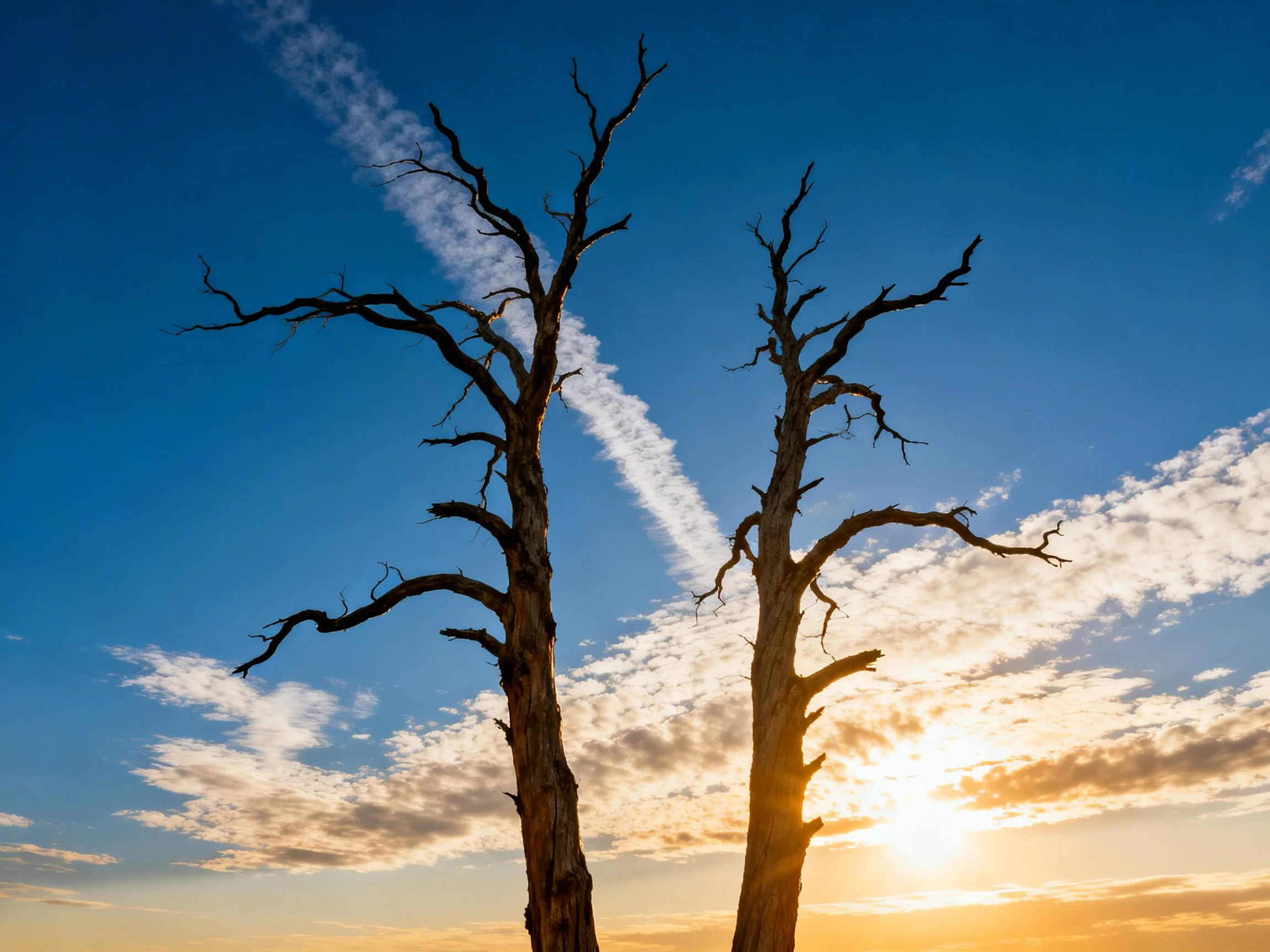 Two leafless trees silhouetted against a vibrant sunset sky