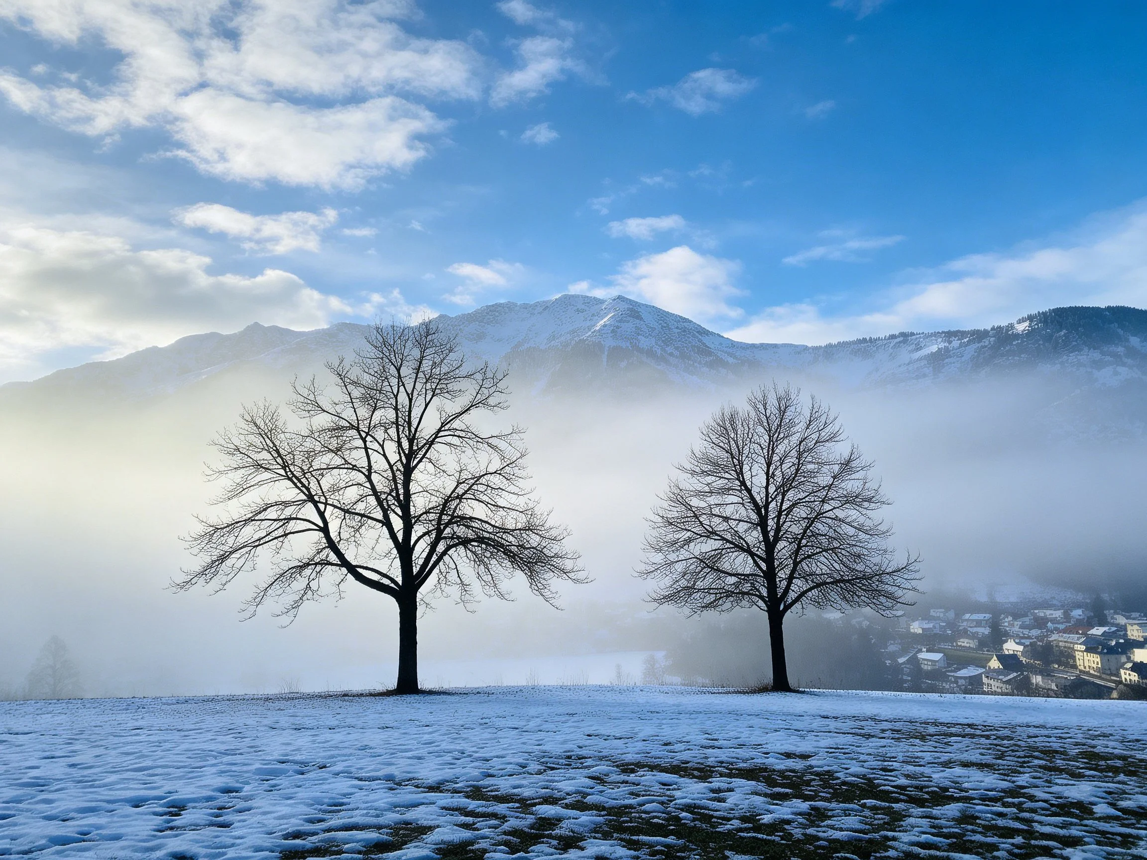 Two leaflesstrees on a snow-covered field beside mist-shrouded mountains