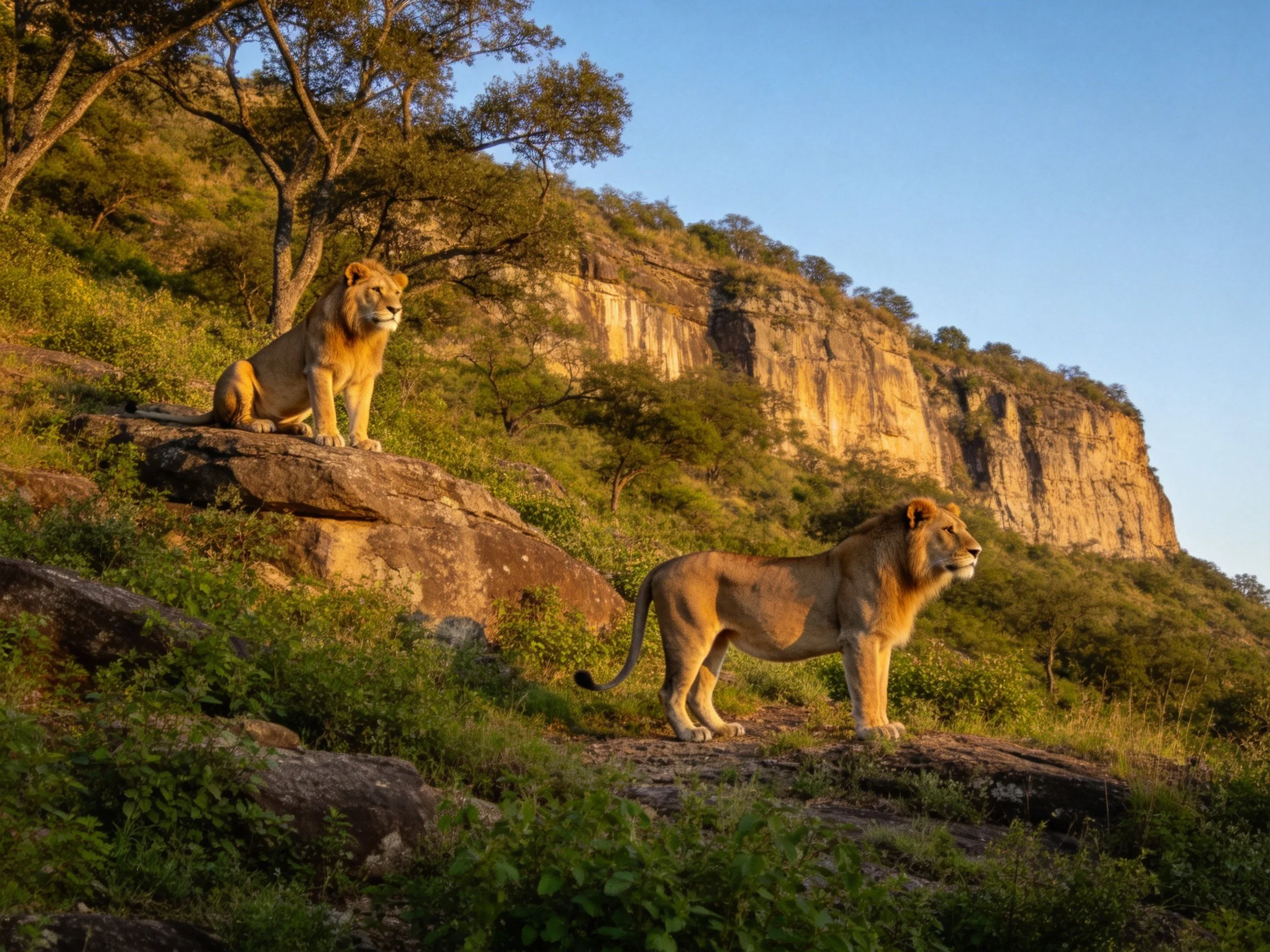 Two lions on rocky terrain near a sunlit cliffside