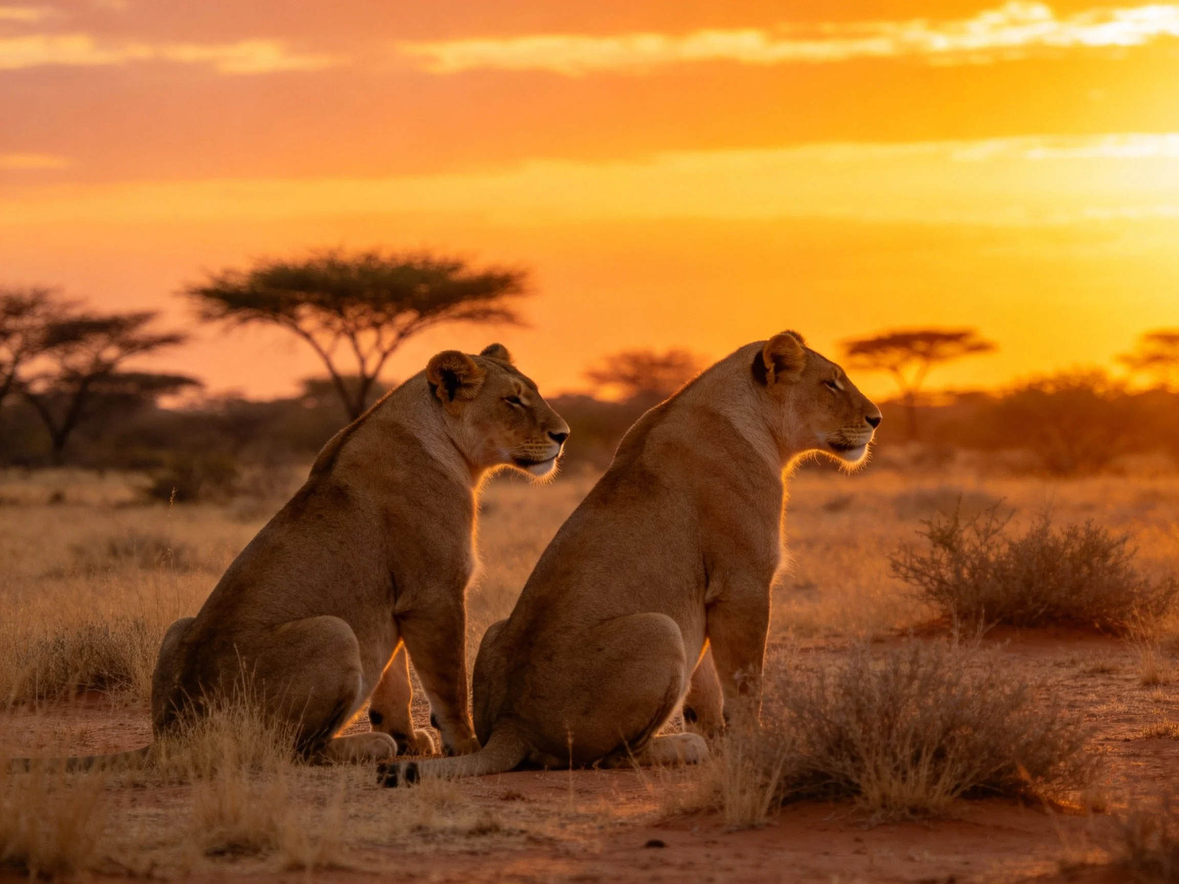 Two lions sit in a sun-drenched savannah at sunset