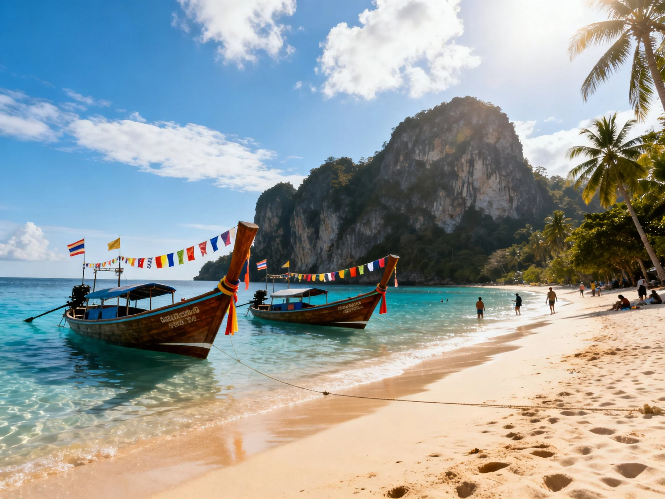 Two longtail boats with colorful flags on a tropical sandy beach