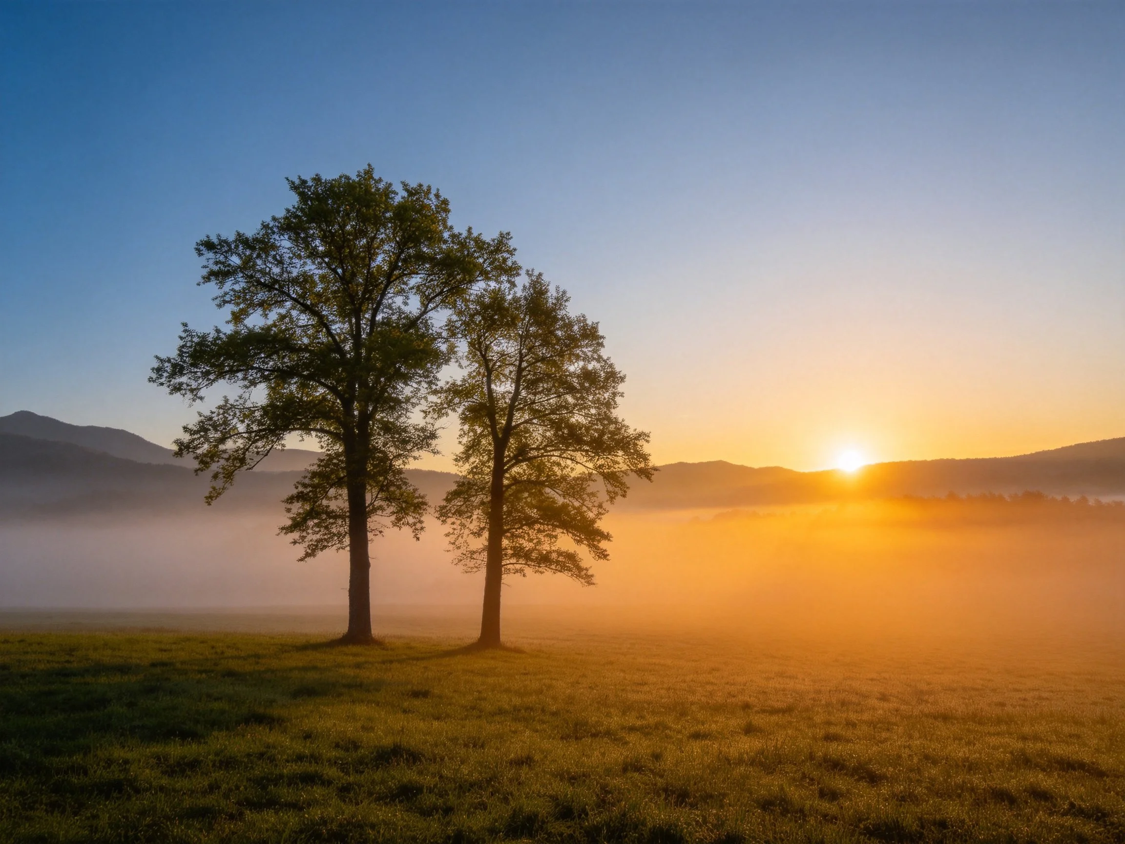 Two mature trees in a misty golden meadow at sunrise