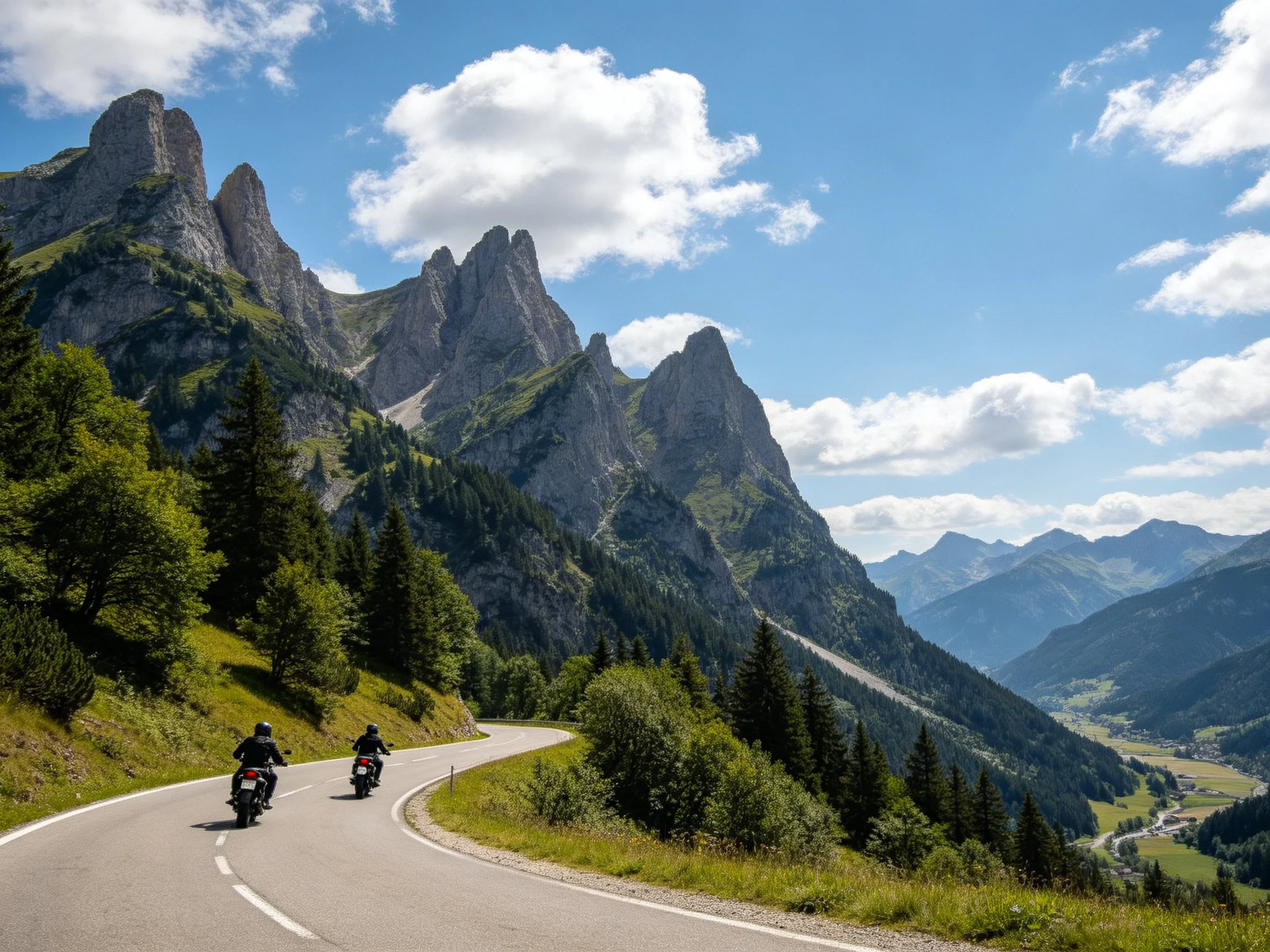 Two motorcyclists ride along a winding mountain road with towering rocky peaks
