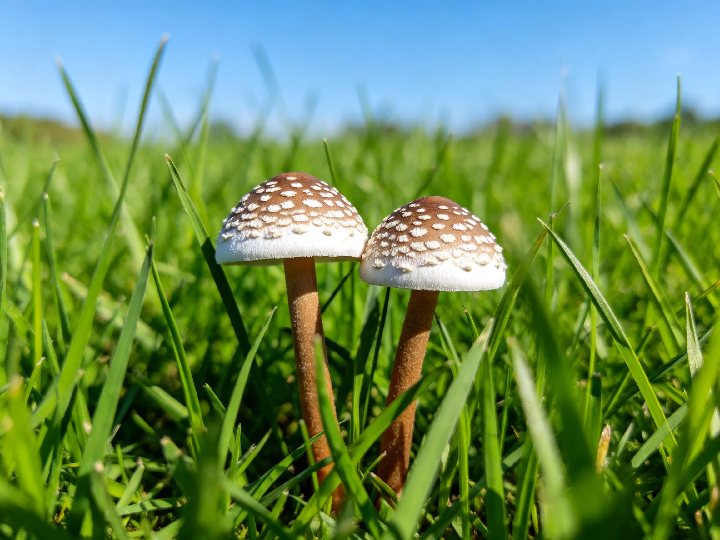 Two mushroom caps with white spots in lush green grass