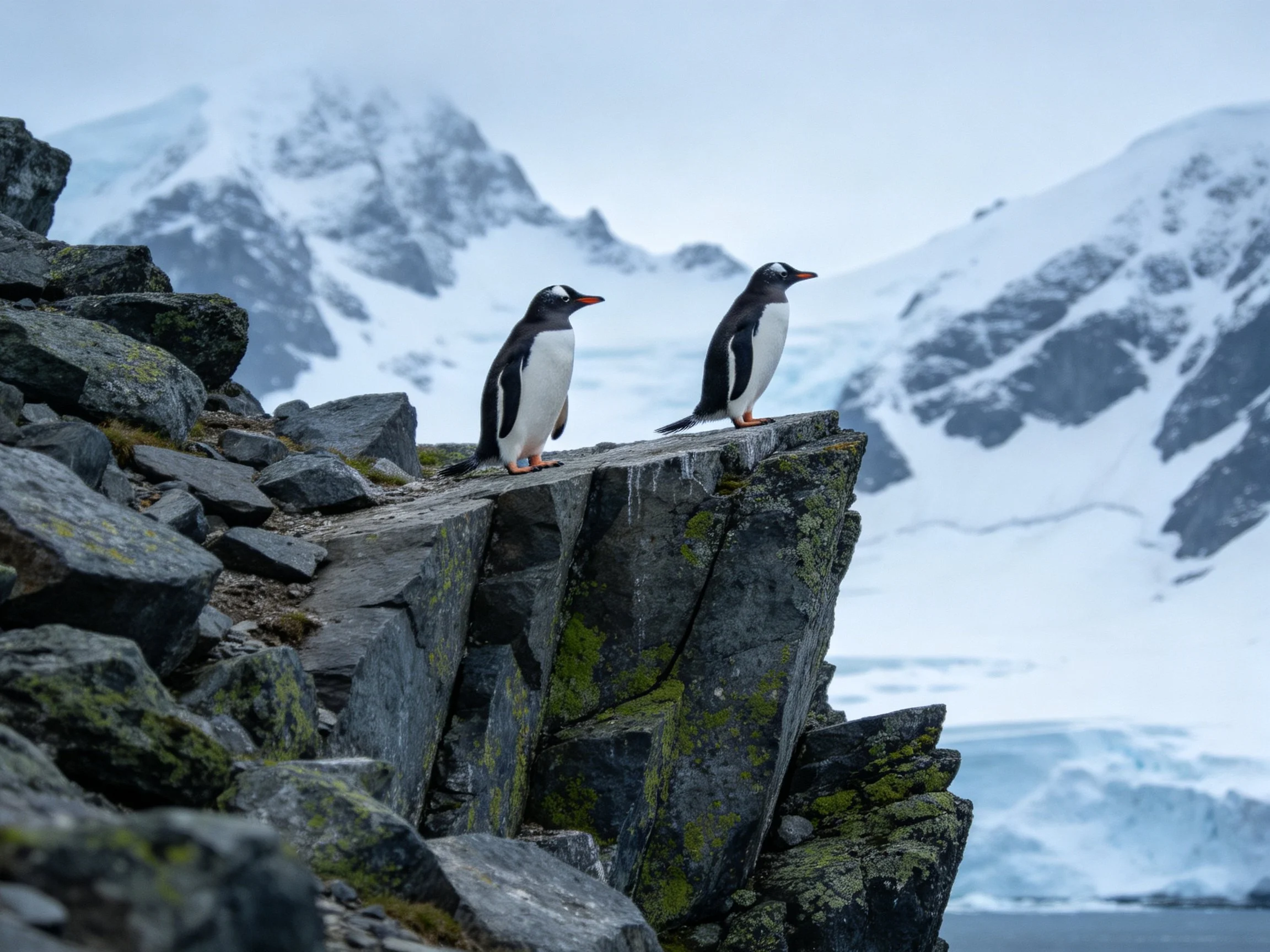 Two penguins stand on a mossy rocky cliffside with snow-capped mountains