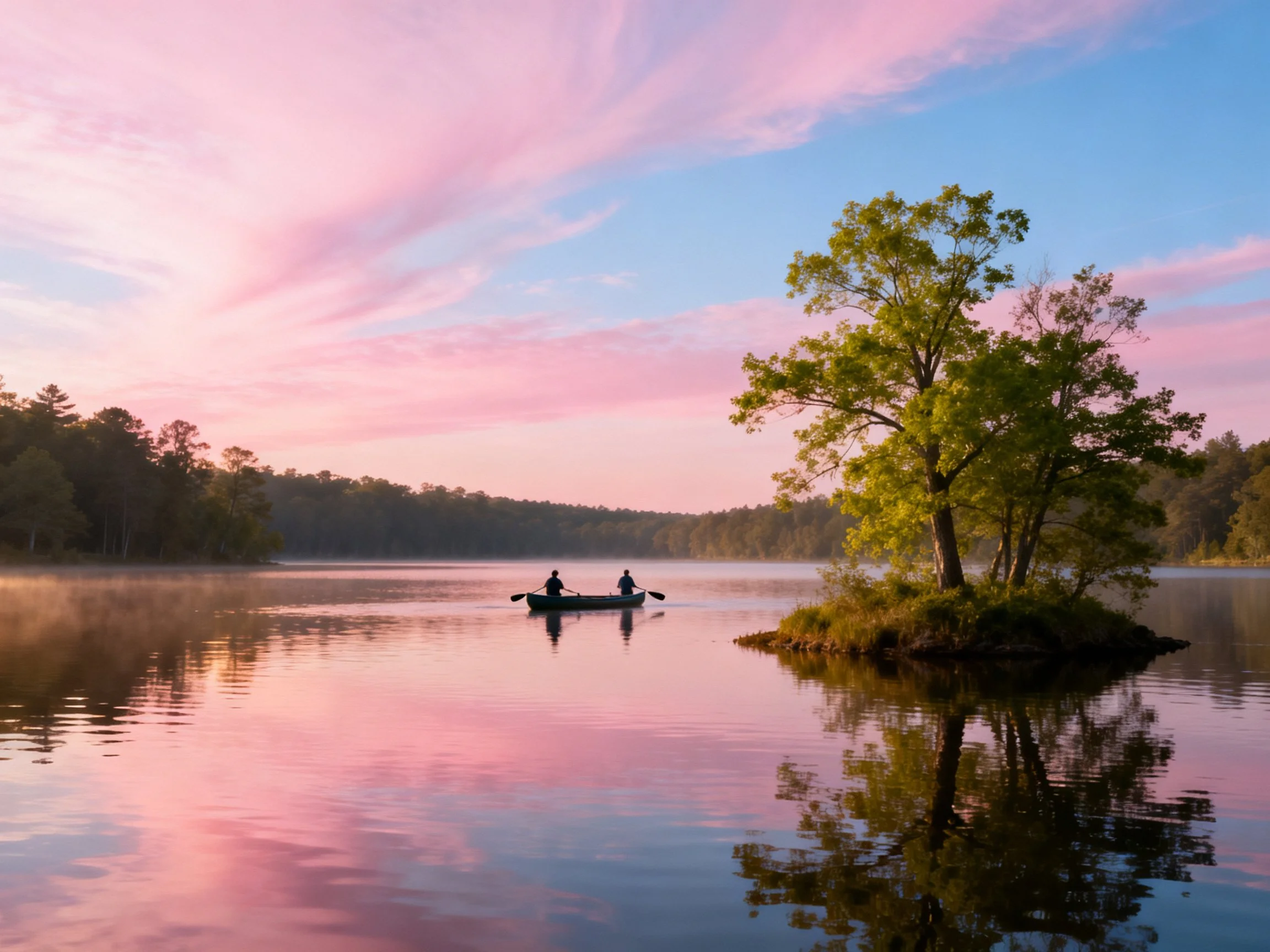 Two people canoe near a tree island under pink-hued dawn skies