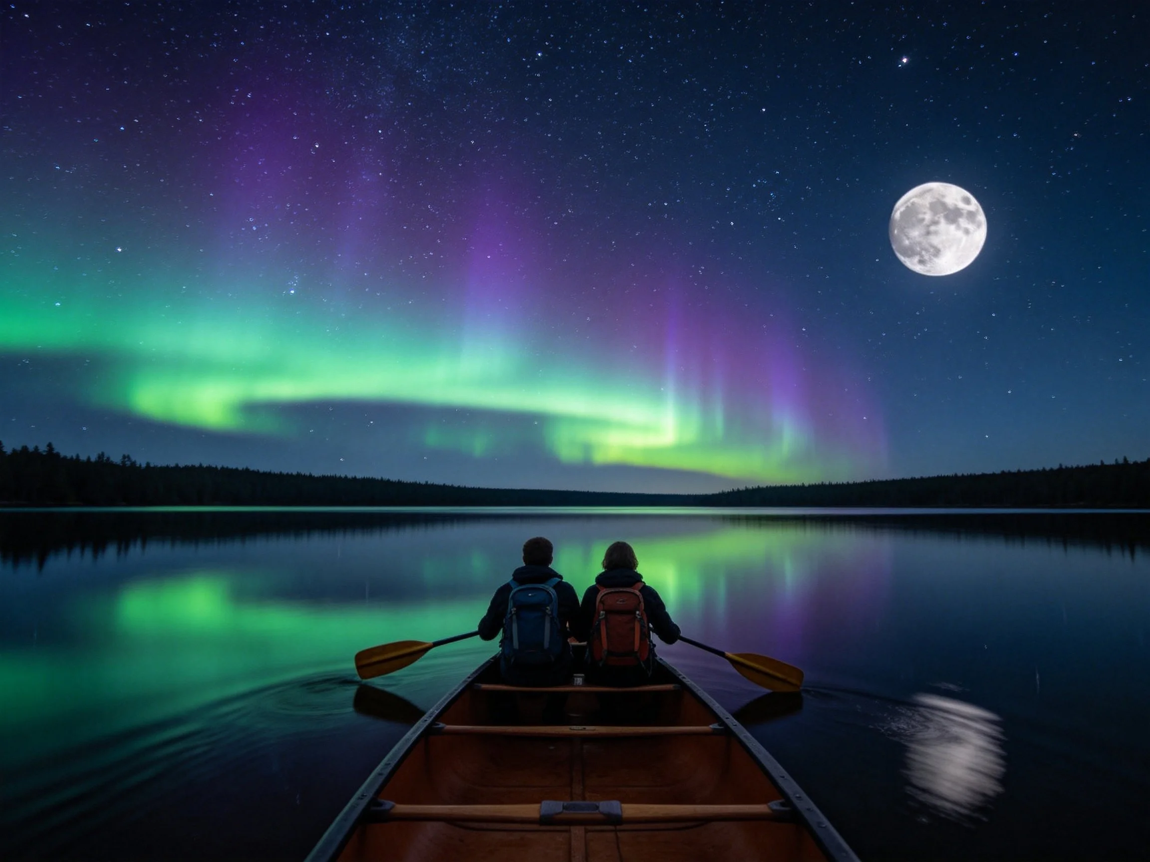 Two people canoeing beneath colorful aurora borealis at night