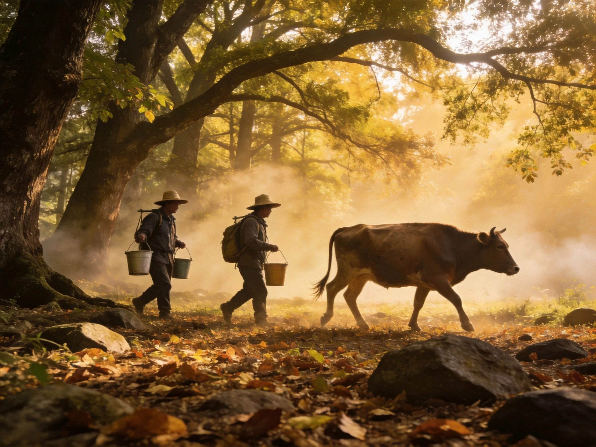 Two people carry buckets beside a brown cow in a golden, misty forest