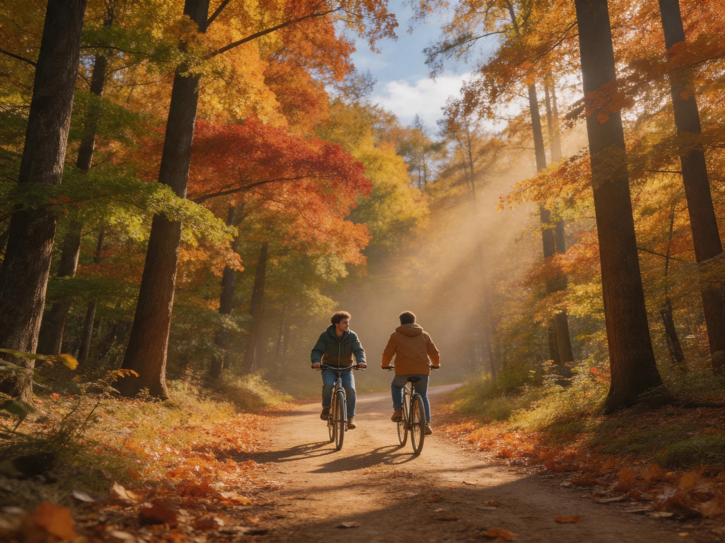Two people cycling through a sunlit autumn forest with colorful foliage