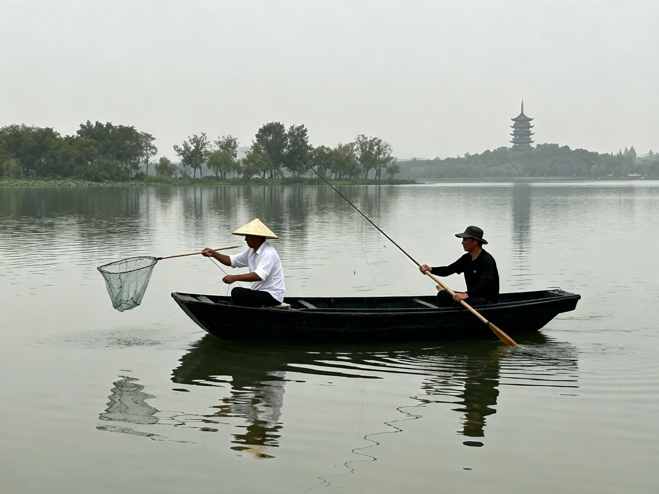 Two people fishing in a small black boat near a pagoda