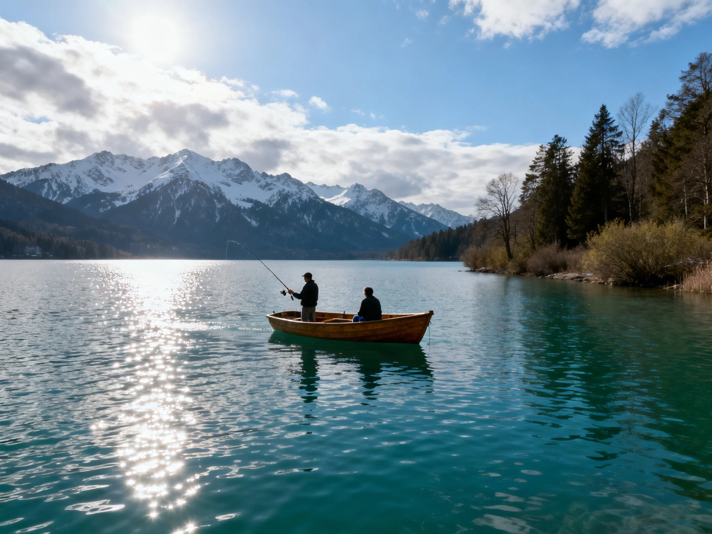 Two people fishing in a wooden boat on a turquoise lake with snow-capped mountains
