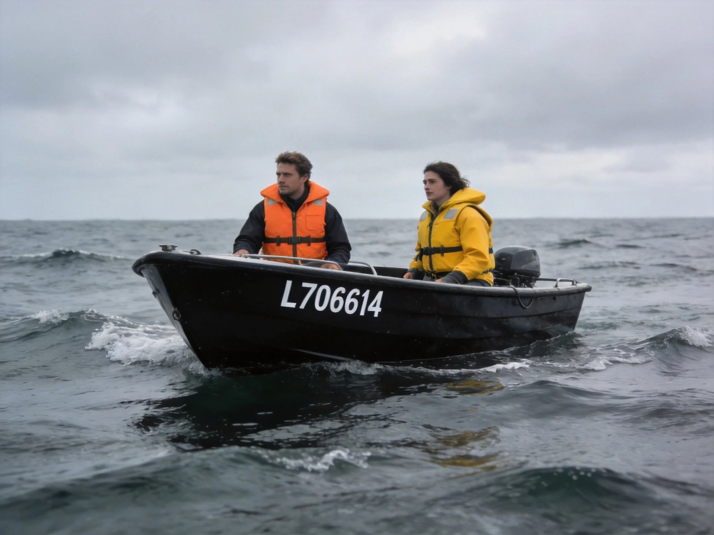 Two people in orange and yellow life vests sail a small black motorboat on rough seas