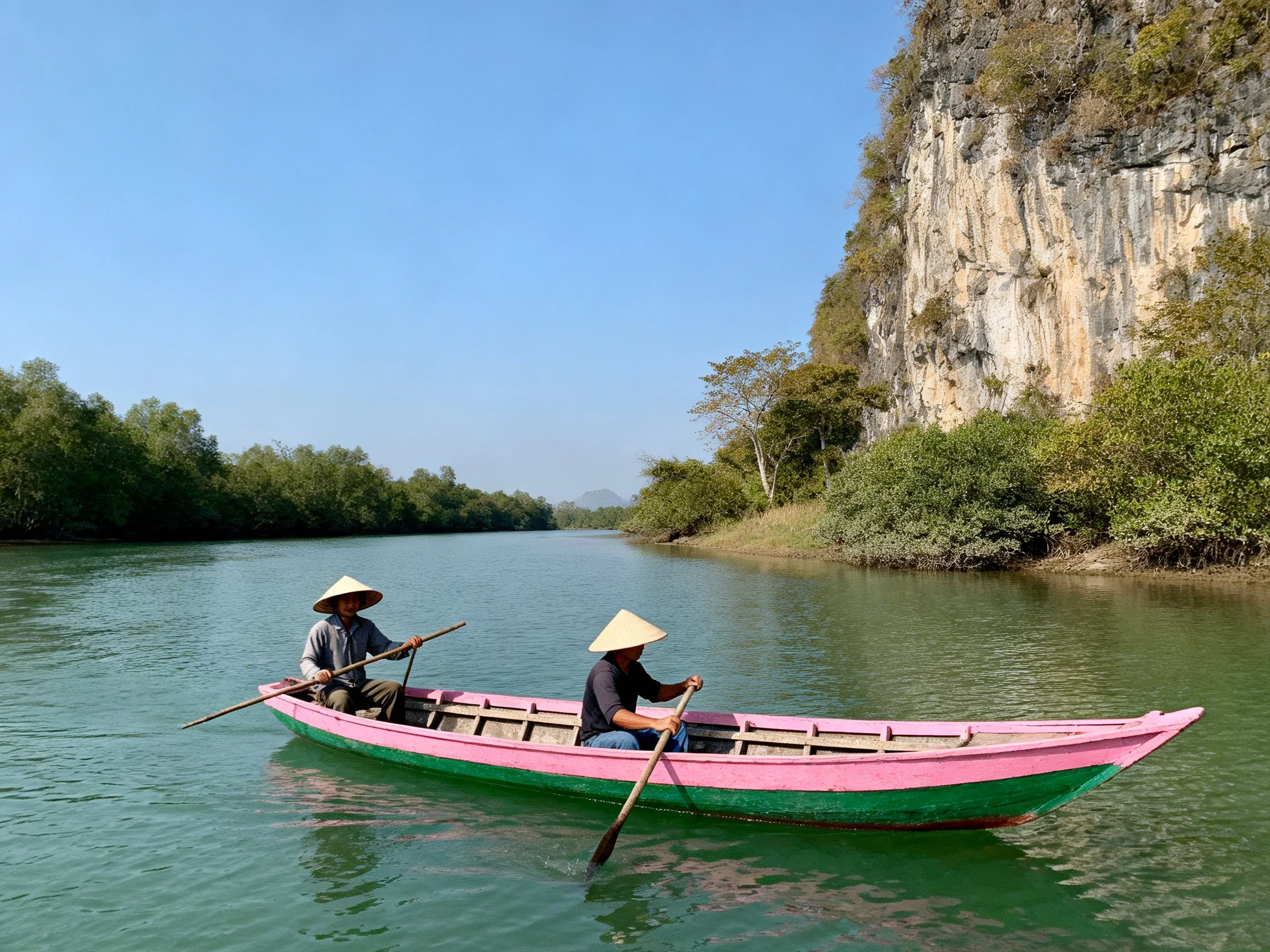 Two people paddle a pink-green boat on a calm river with rocky cliffs