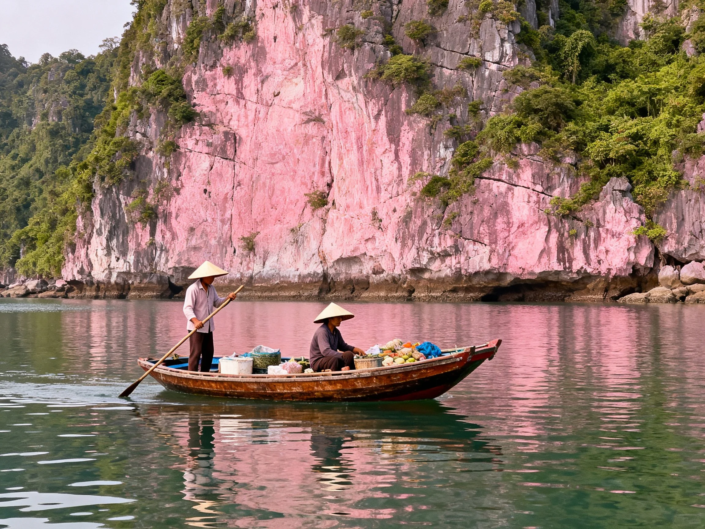 Two people paddle wooden boat near pink limestone cliffs