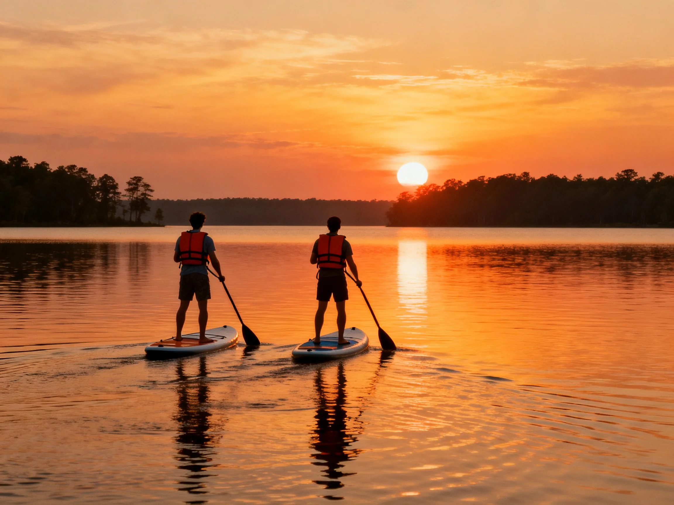 Two people paddleboard on calm lake under glowing sunset